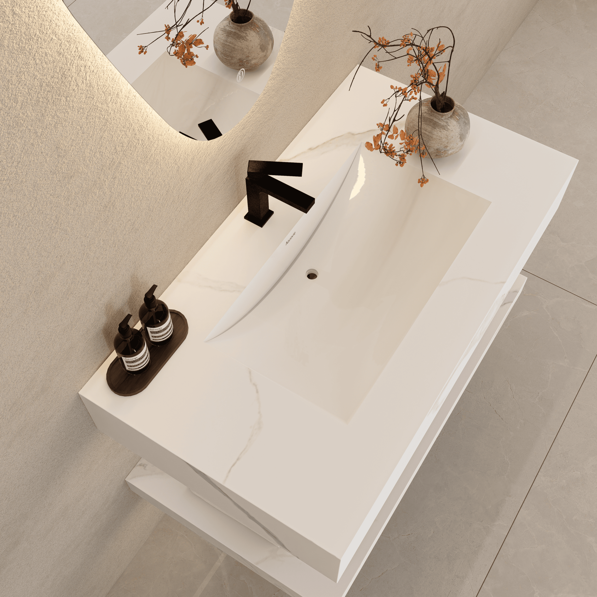 32" Hotel Style White Carrara Floating Vanity – Marble - Look Stone - Vanity32"