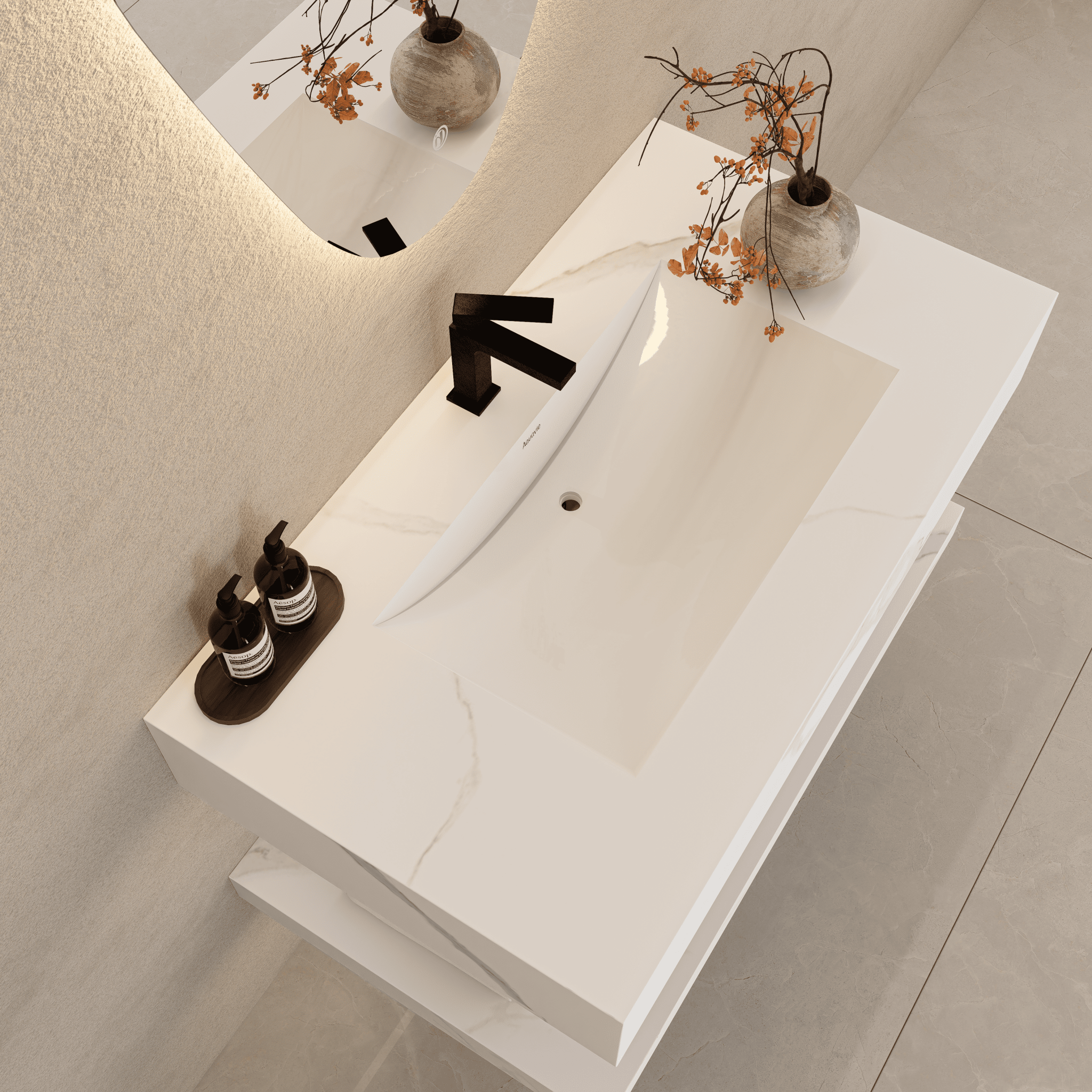32" Hotel Style White Carrara Floating Vanity – Marble - Look Stone - Vanity32"