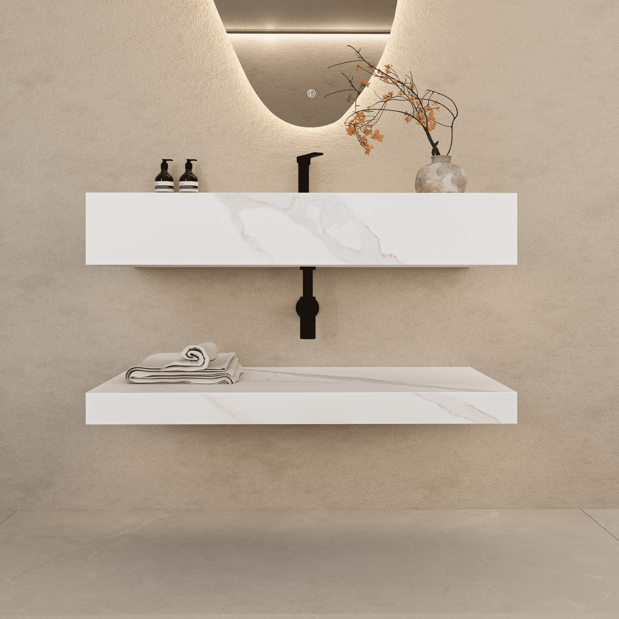 32" Hotel Style White Carrara Floating Vanity – Marble - Look Stone - Vanity32"