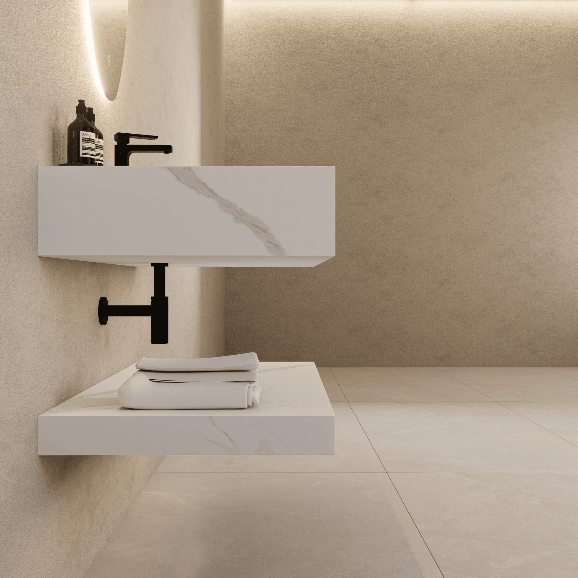 32" Hotel Style White Carrara Floating Vanity – Marble - Look Stone - Vanity32"