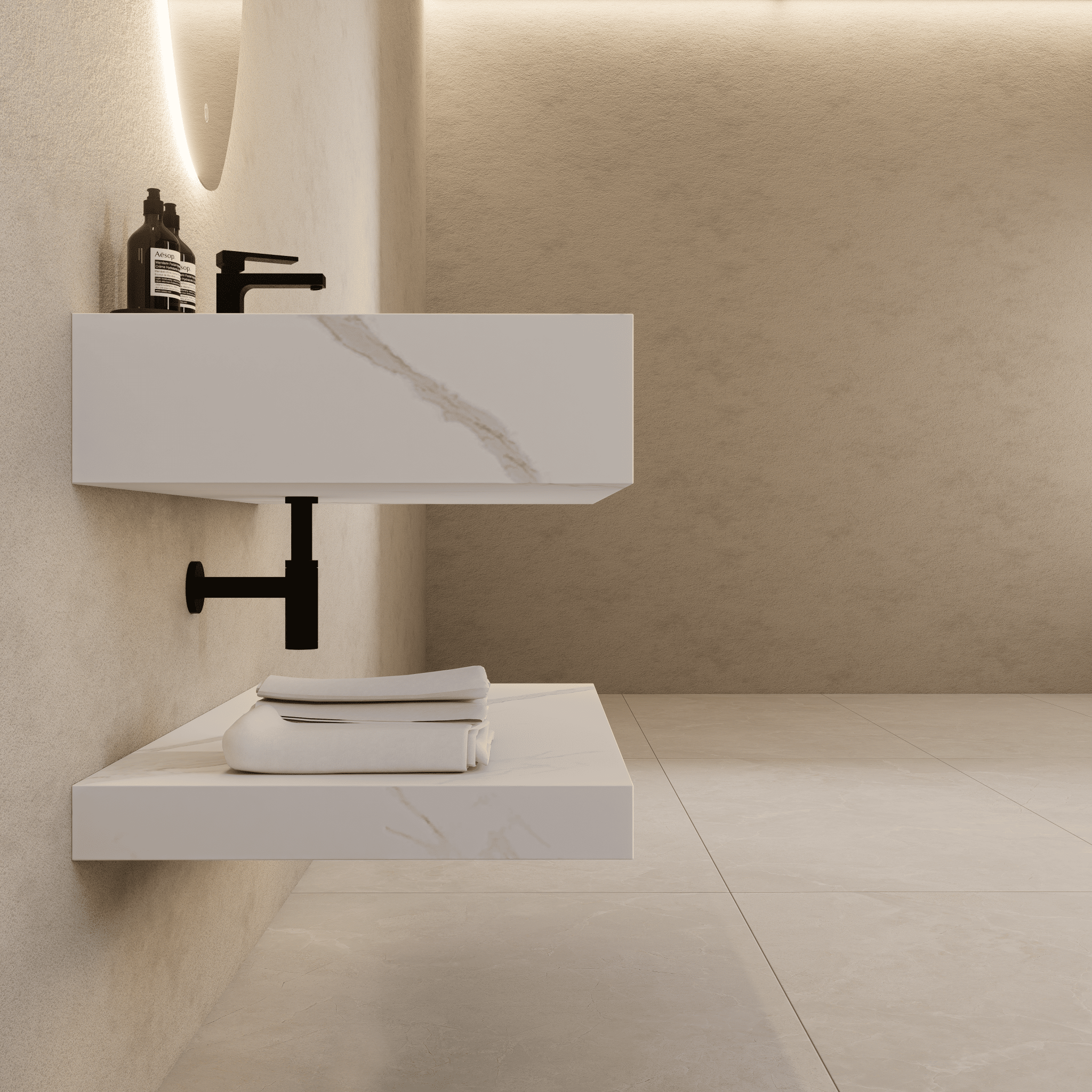 32" Hotel Style White Carrara Floating Vanity – Marble - Look Stone - Vanity32"