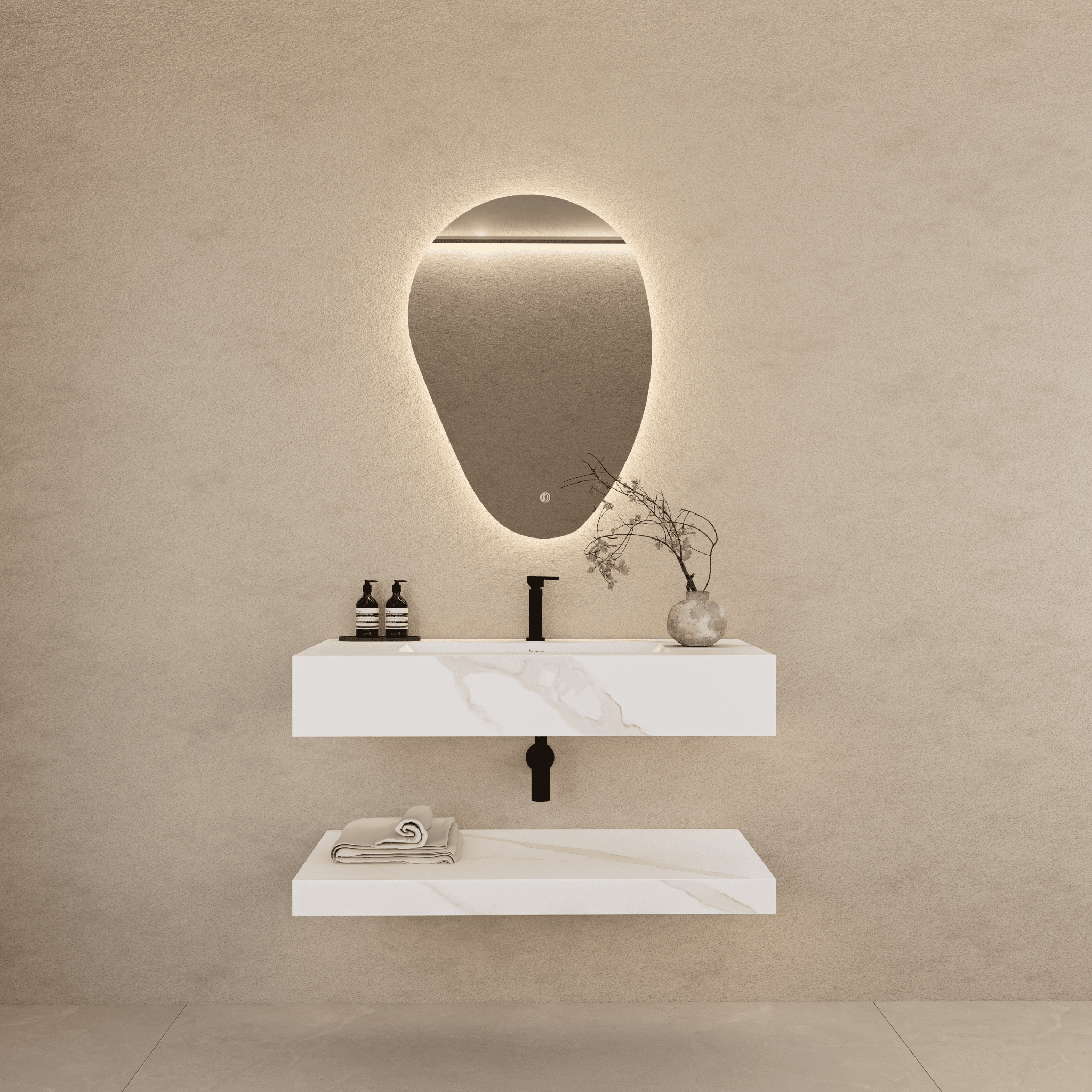 32" Hotel Style White Carrara Floating Vanity – Marble - Look Stone - Vanity32"