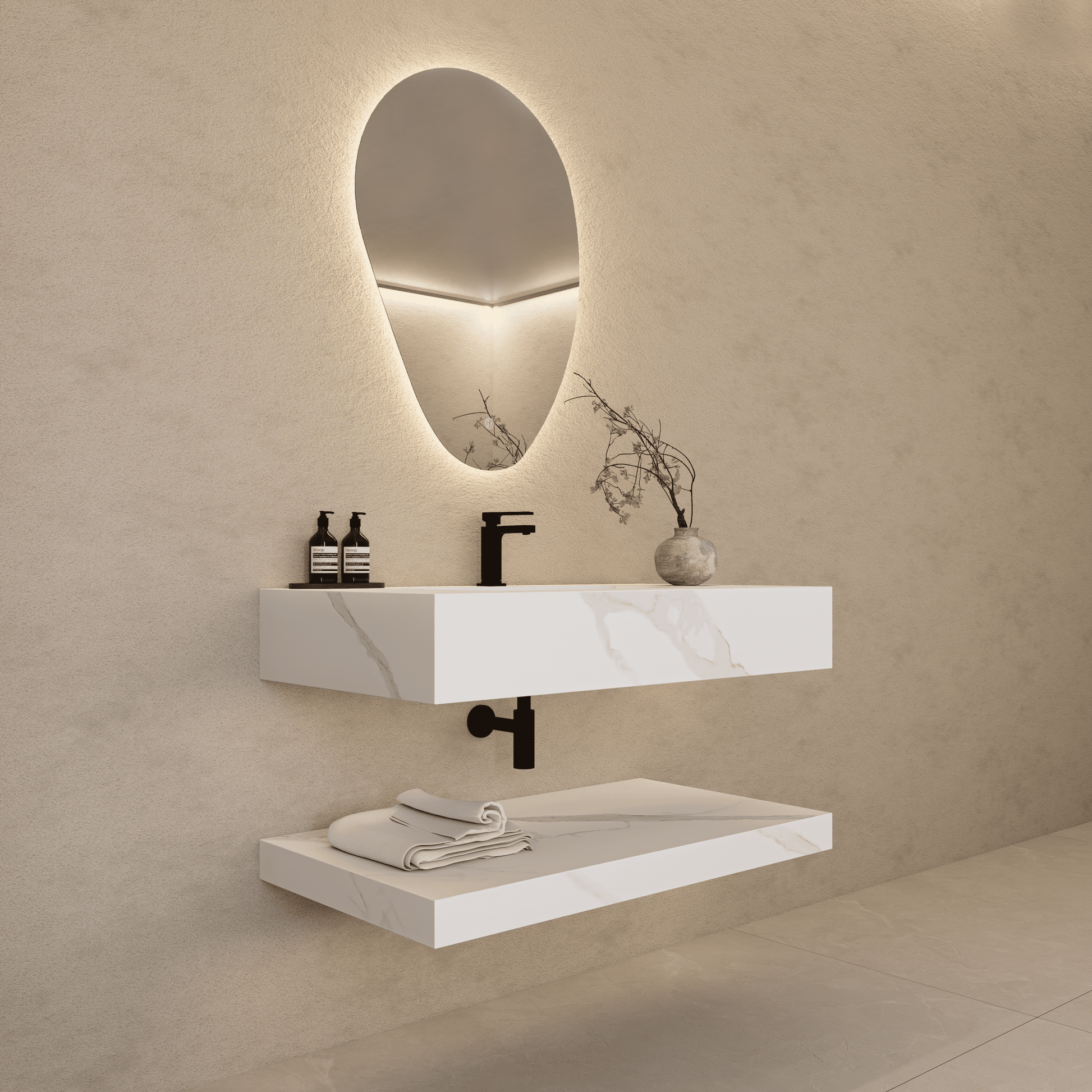 32" Hotel Style White Carrara Floating Vanity – Marble - Look Stone - Vanity32"