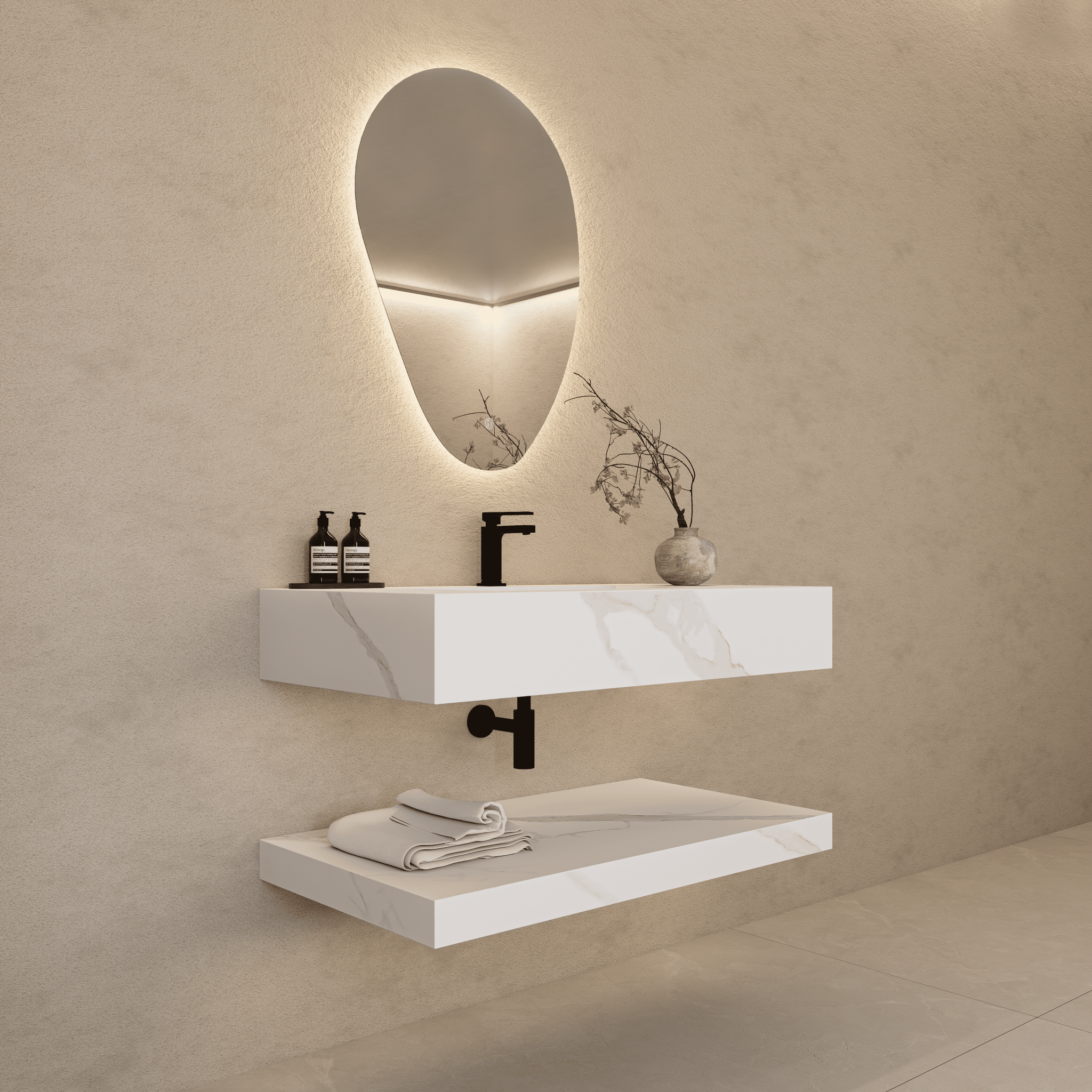 32" Hotel Style White Carrara Floating Vanity – Marble - Look Stone - Vanity32"