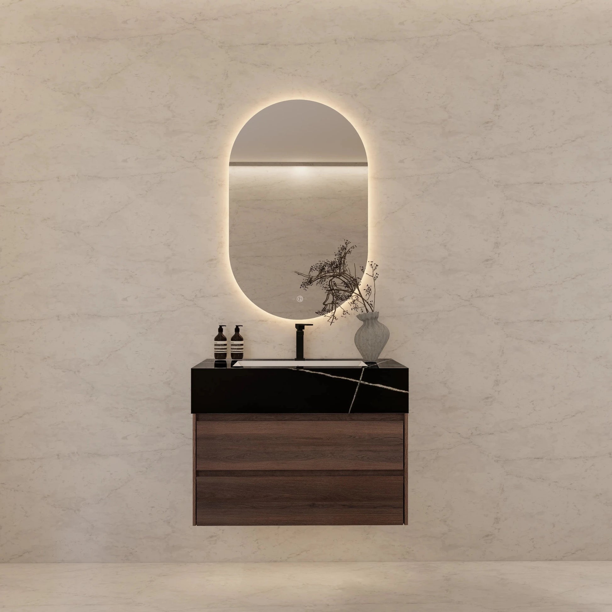 32" Walnut Double Drawer Floating Bathroom Vanity with Sintered Stone Top - VanityBlack Marquina Gold Veins