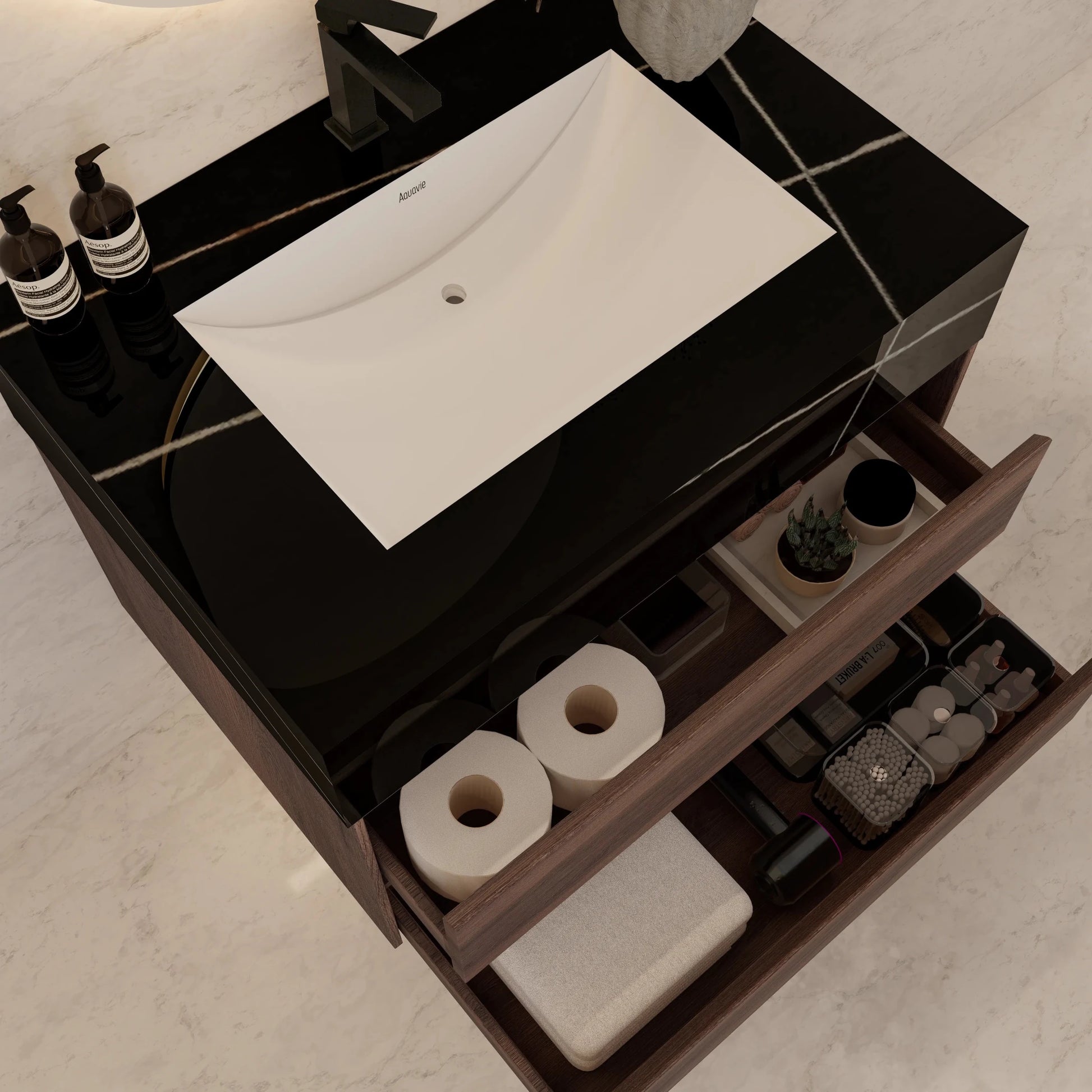 32" Walnut Double Drawer Floating Bathroom Vanity with Sintered Stone Top - VanityBlack Marquina Gold Veins