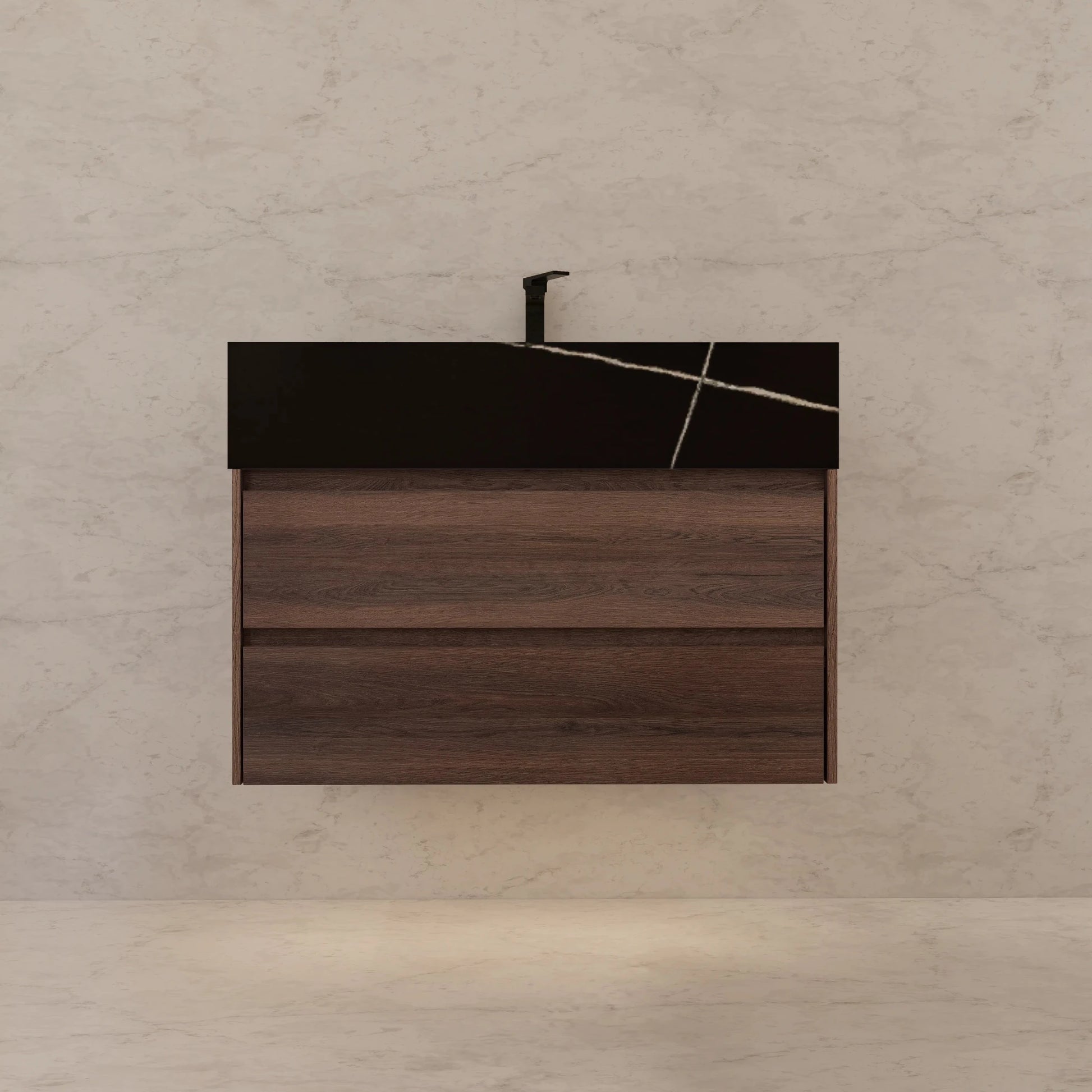 32" Walnut Double Drawer Floating Bathroom Vanity with Sintered Stone Top - VanityBlack Marquina Gold Veins