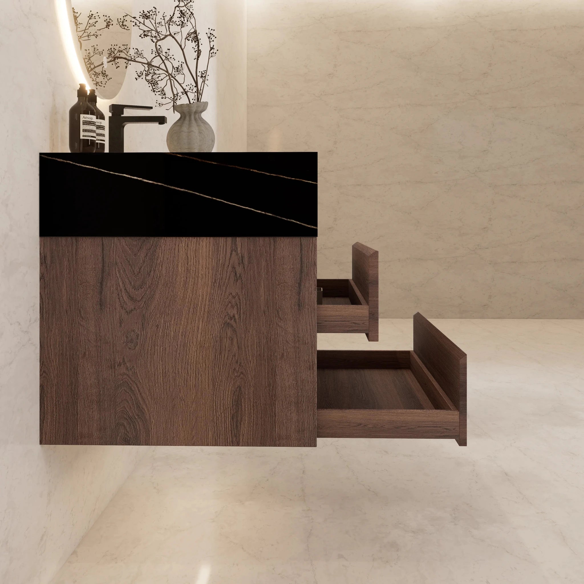 32" Walnut Double Drawer Floating Bathroom Vanity with Sintered Stone Top - VanityBlack Marquina Gold Veins