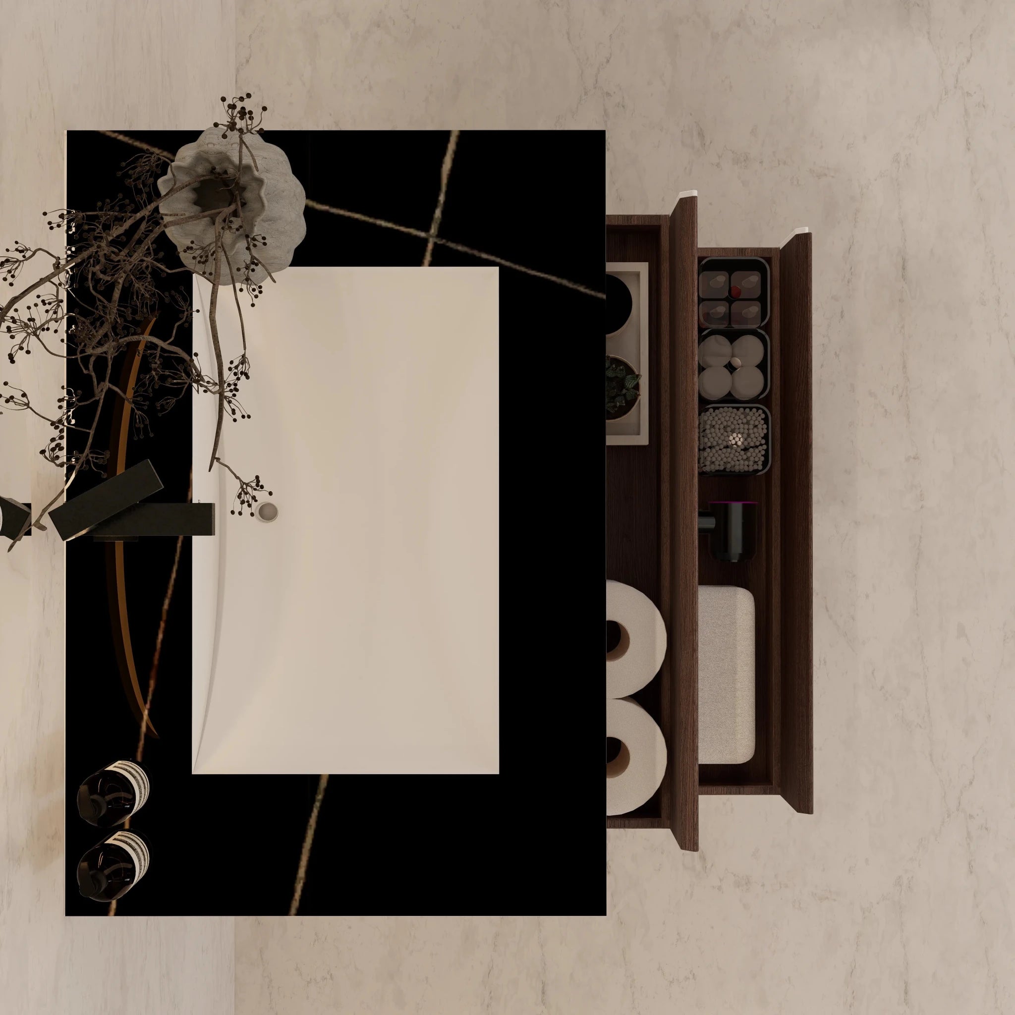 32" Walnut Double Drawer Floating Bathroom Vanity with Sintered Stone Top - VanityBlack Marquina Gold Veins