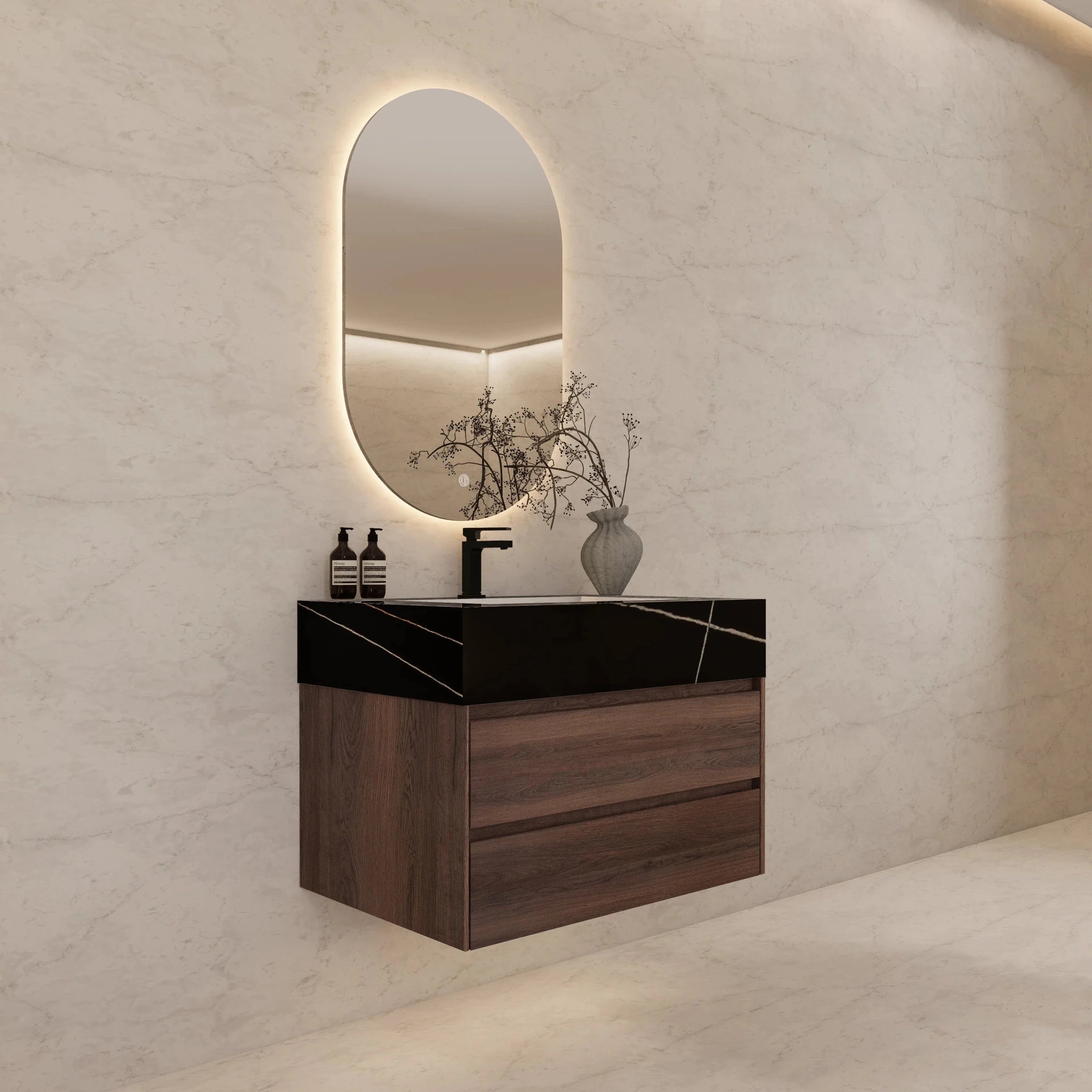 32" Walnut Double Drawer Floating Bathroom Vanity with Sintered Stone Top - VanityBlack Marquina Gold Veins