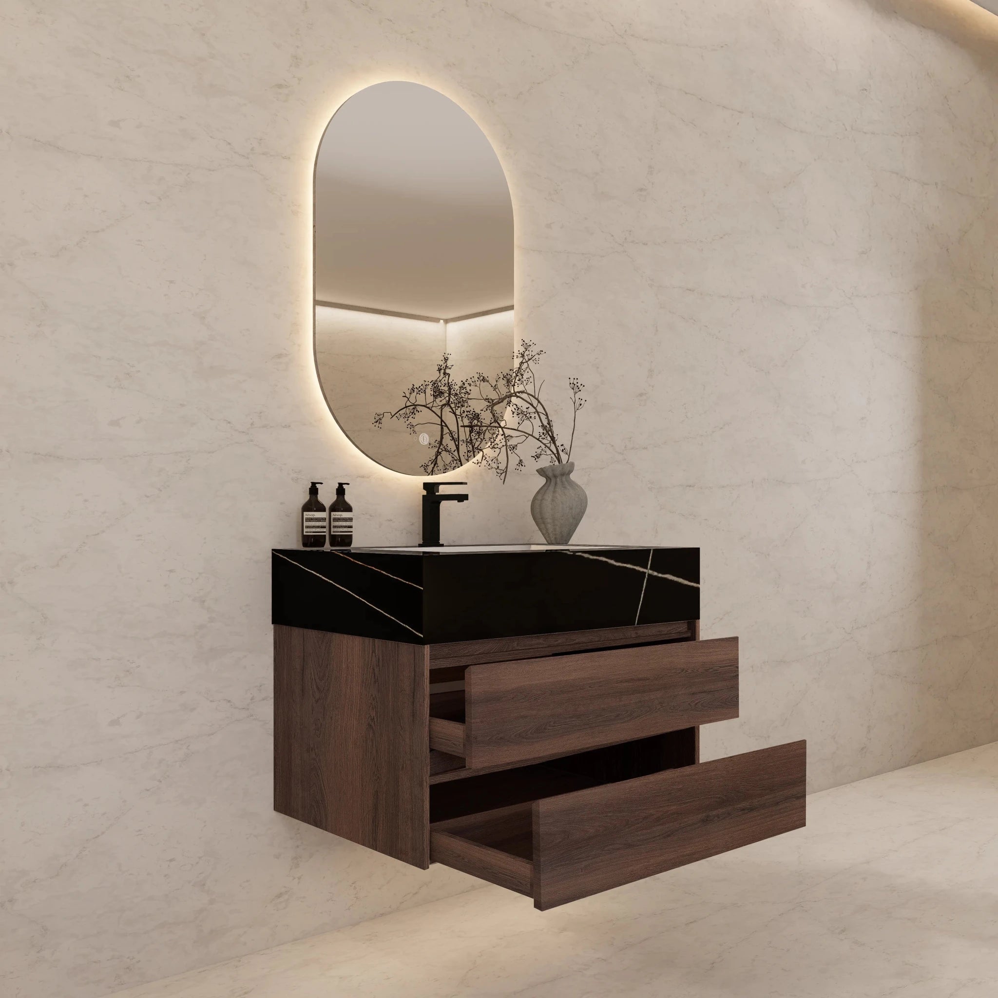 32" Walnut Double Drawer Floating Bathroom Vanity with Sintered Stone Top - VanityBlack Marquina Gold Veins