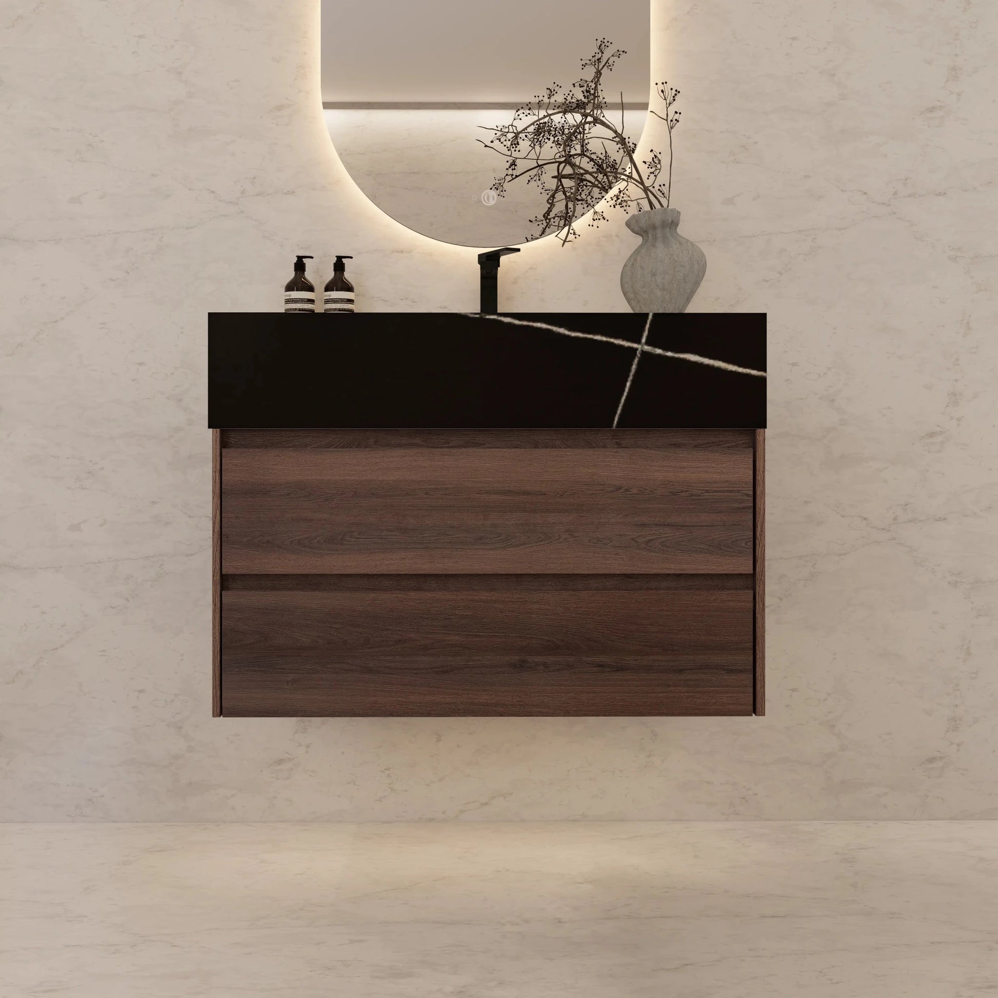 32" Walnut Double Drawer Floating Bathroom Vanity with Sintered Stone Top - VanityBlack Marquina Gold Veins