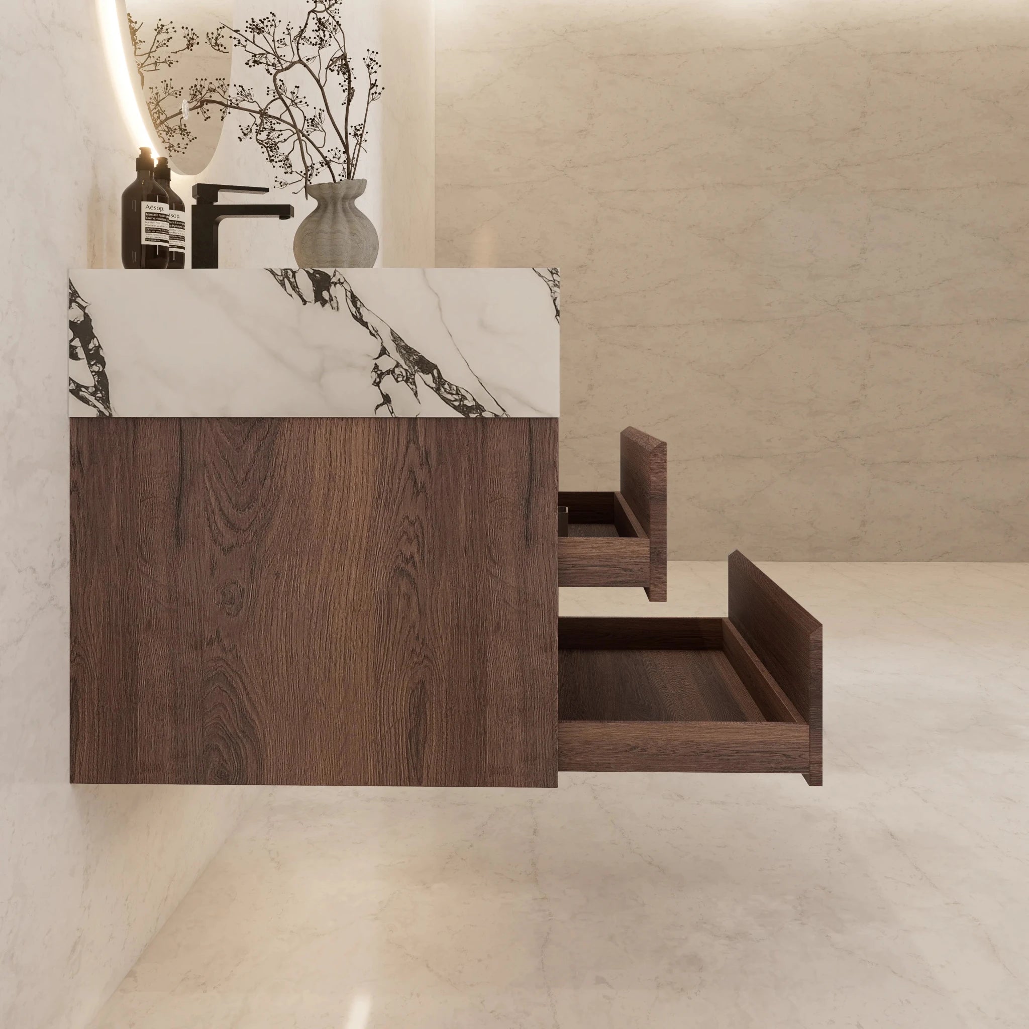 32" Walnut Double Drawer Floating Bathroom Vanity with Sintered Stone Top - VanityCalacatta Black