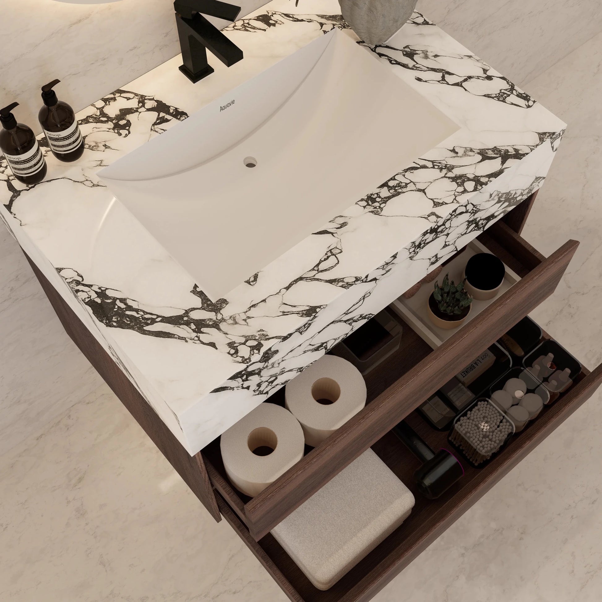 32" Walnut Double Drawer Floating Bathroom Vanity with Sintered Stone Top - VanityCalacatta Black