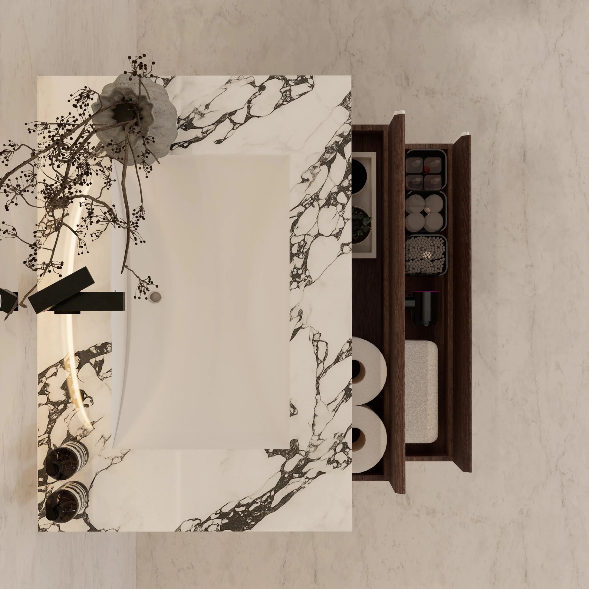 32" Walnut Double Drawer Floating Bathroom Vanity with Sintered Stone Top - VanityCalacatta Black