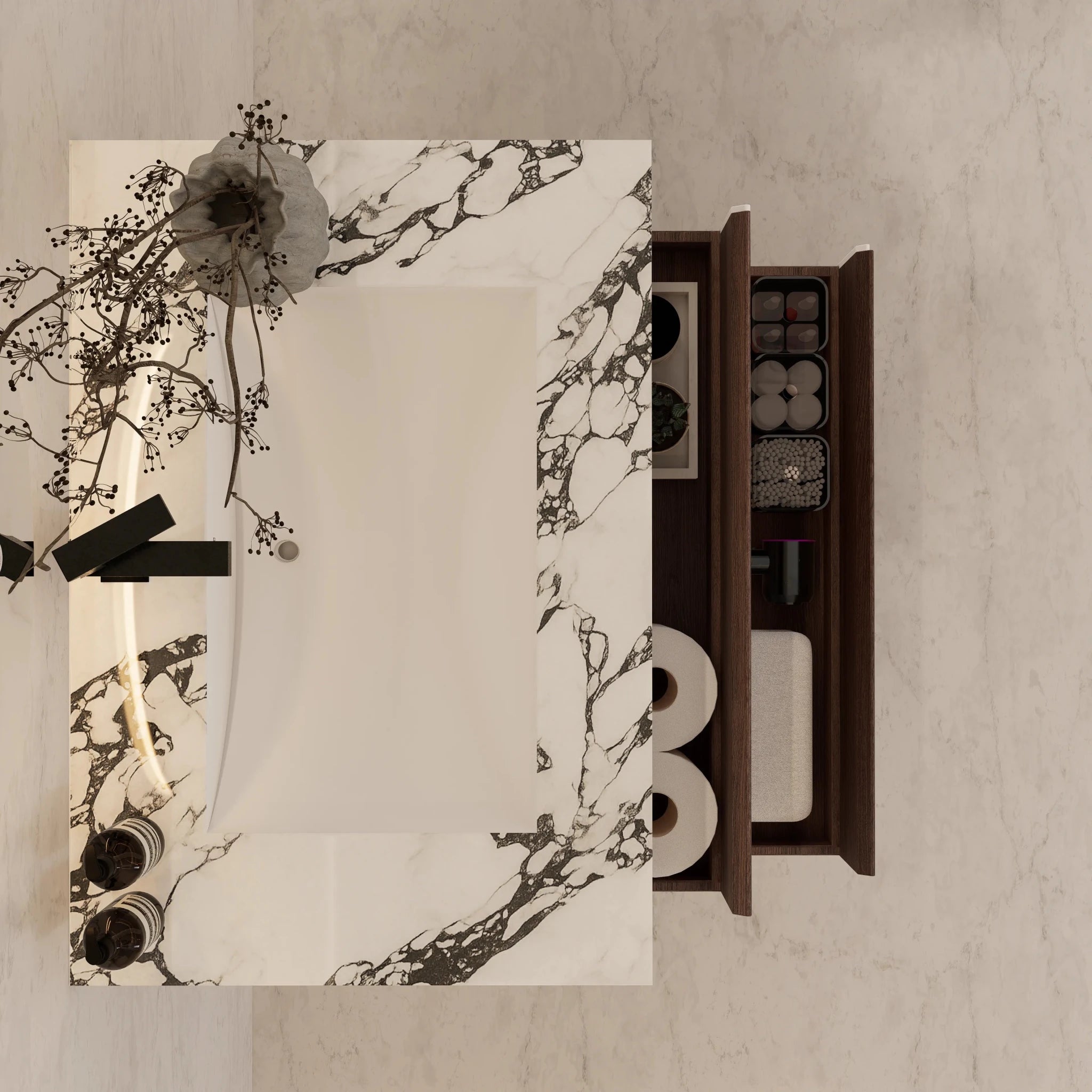 32" Walnut Double Drawer Floating Bathroom Vanity with Sintered Stone Top - VanityCalacatta Black