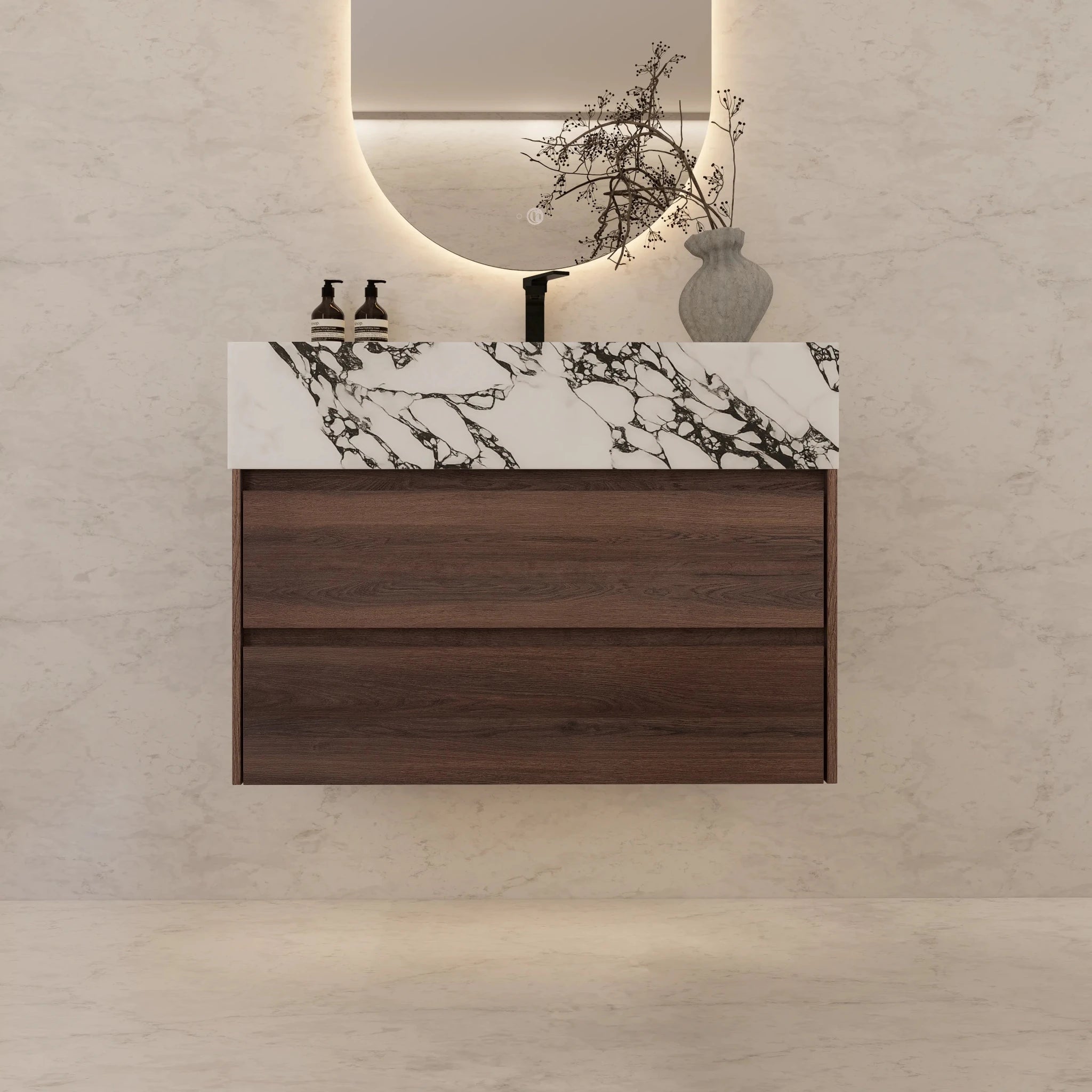 32" Walnut Double Drawer Floating Bathroom Vanity with Sintered Stone Top - VanityCalacatta Black