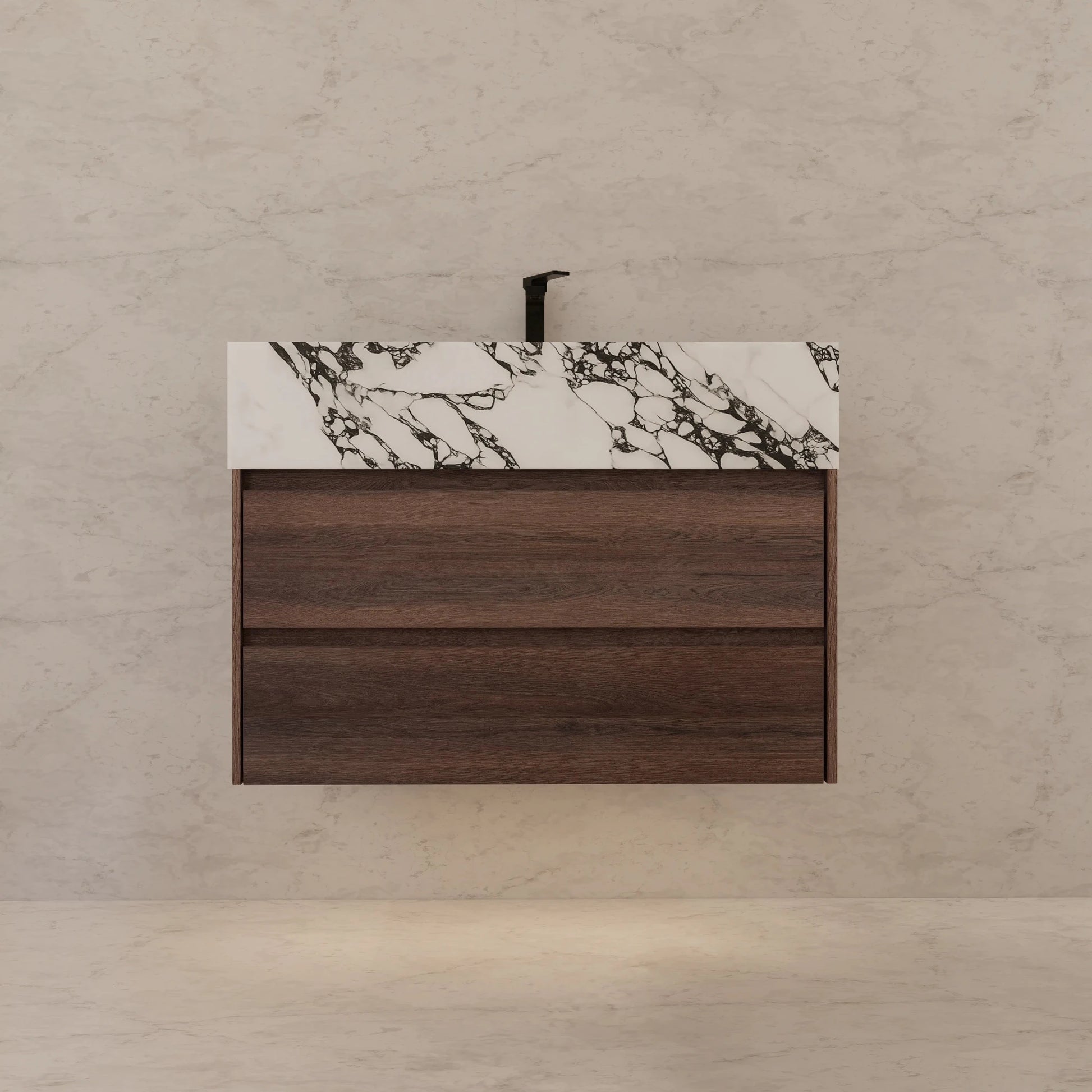 32" Walnut Double Drawer Floating Bathroom Vanity with Sintered Stone Top - VanityCalacatta Black