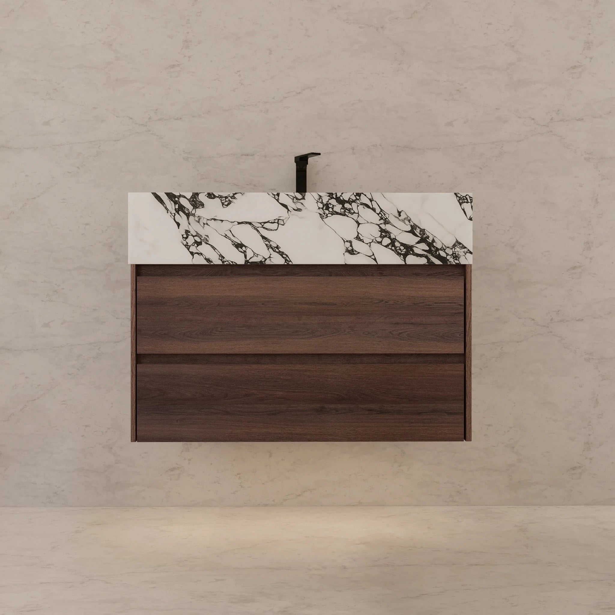 32" Walnut Double Drawer Floating Bathroom Vanity with Sintered Stone Top - VanityCalacatta Black