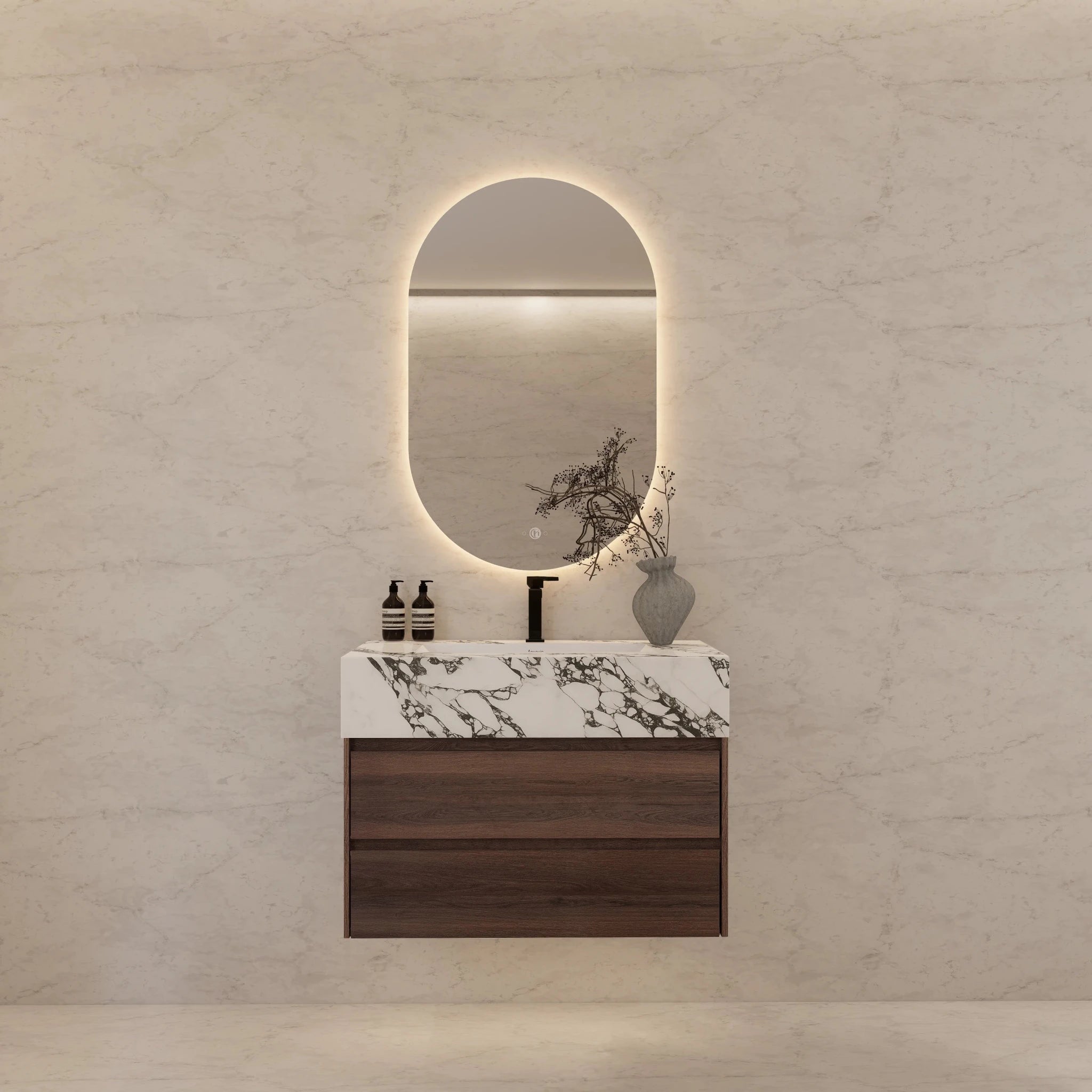 32" Walnut Double Drawer Floating Bathroom Vanity with Sintered Stone Top - VanityCalacatta Black