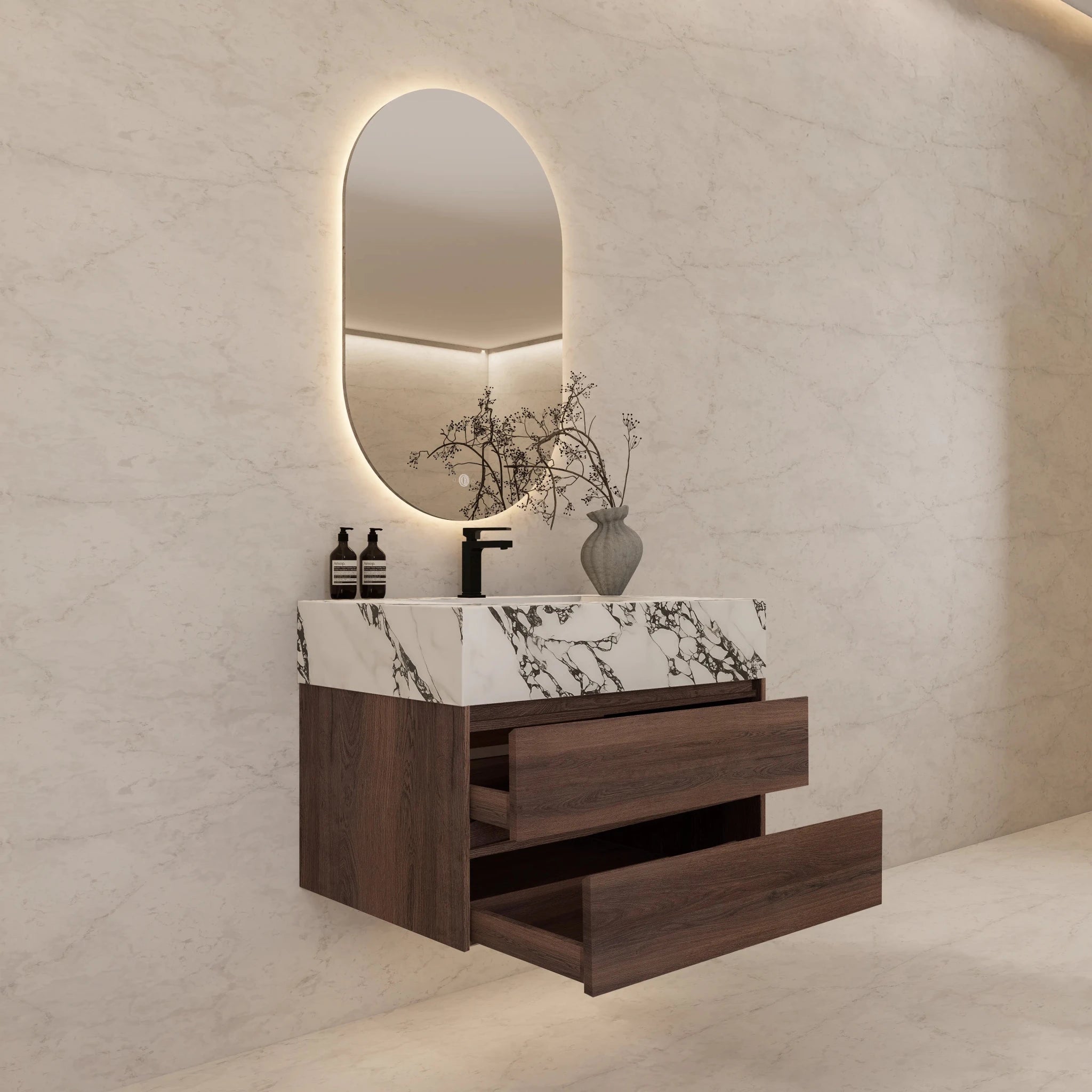 32" Walnut Double Drawer Floating Bathroom Vanity with Sintered Stone Top - VanityCalacatta Black