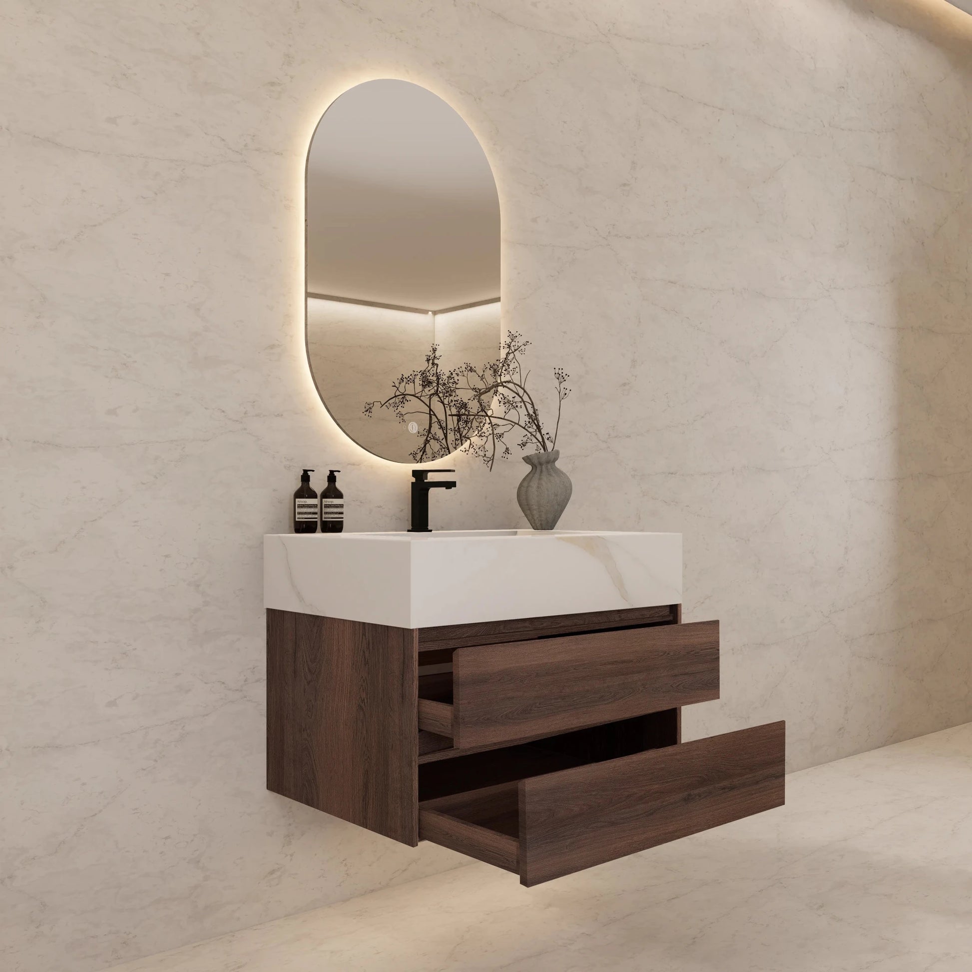 32" Walnut Double Drawer Floating Bathroom Vanity with Sintered Stone Top - VanityCalacatta Gold