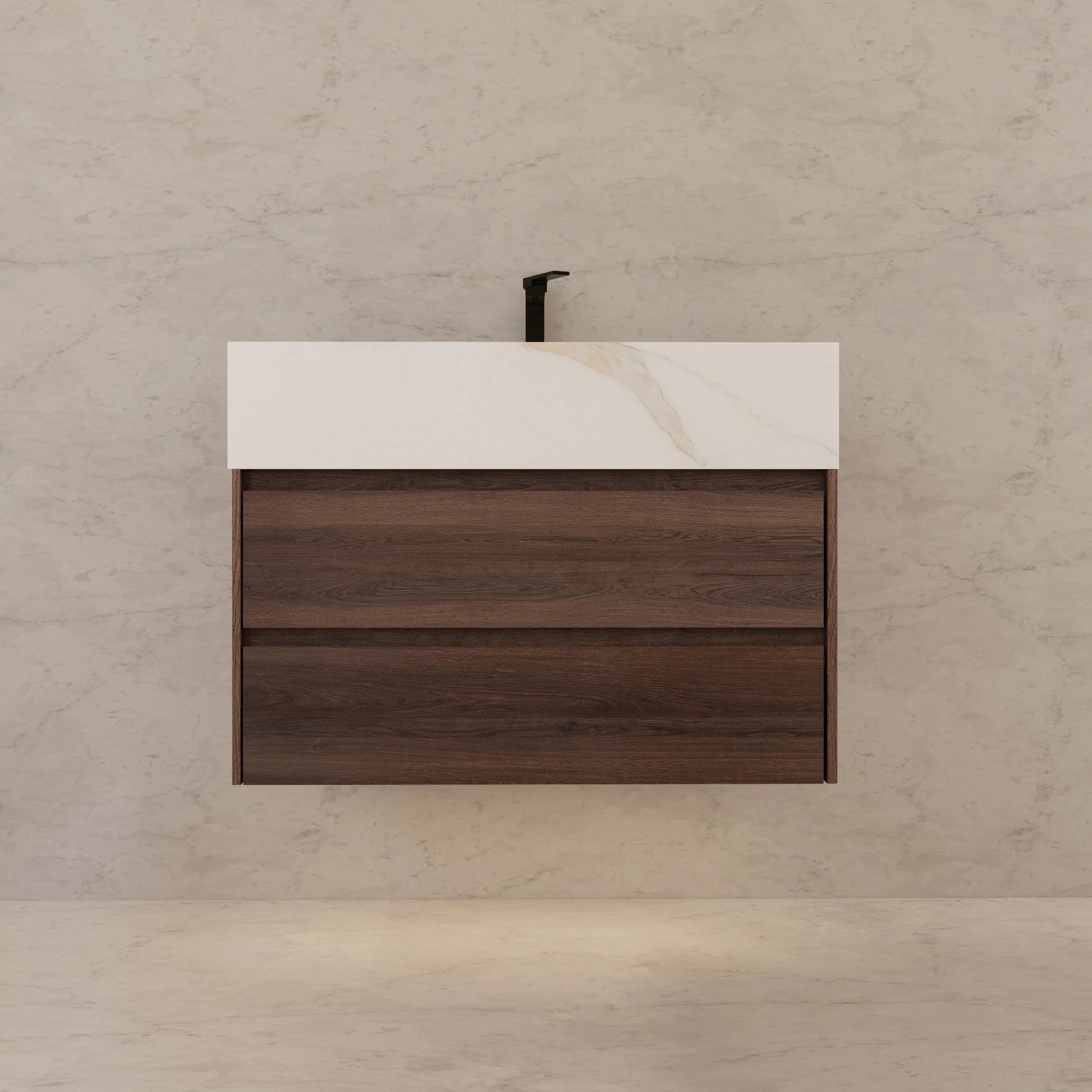 32" Walnut Double Drawer Floating Bathroom Vanity with Sintered Stone Top - VanityCalacatta Gold