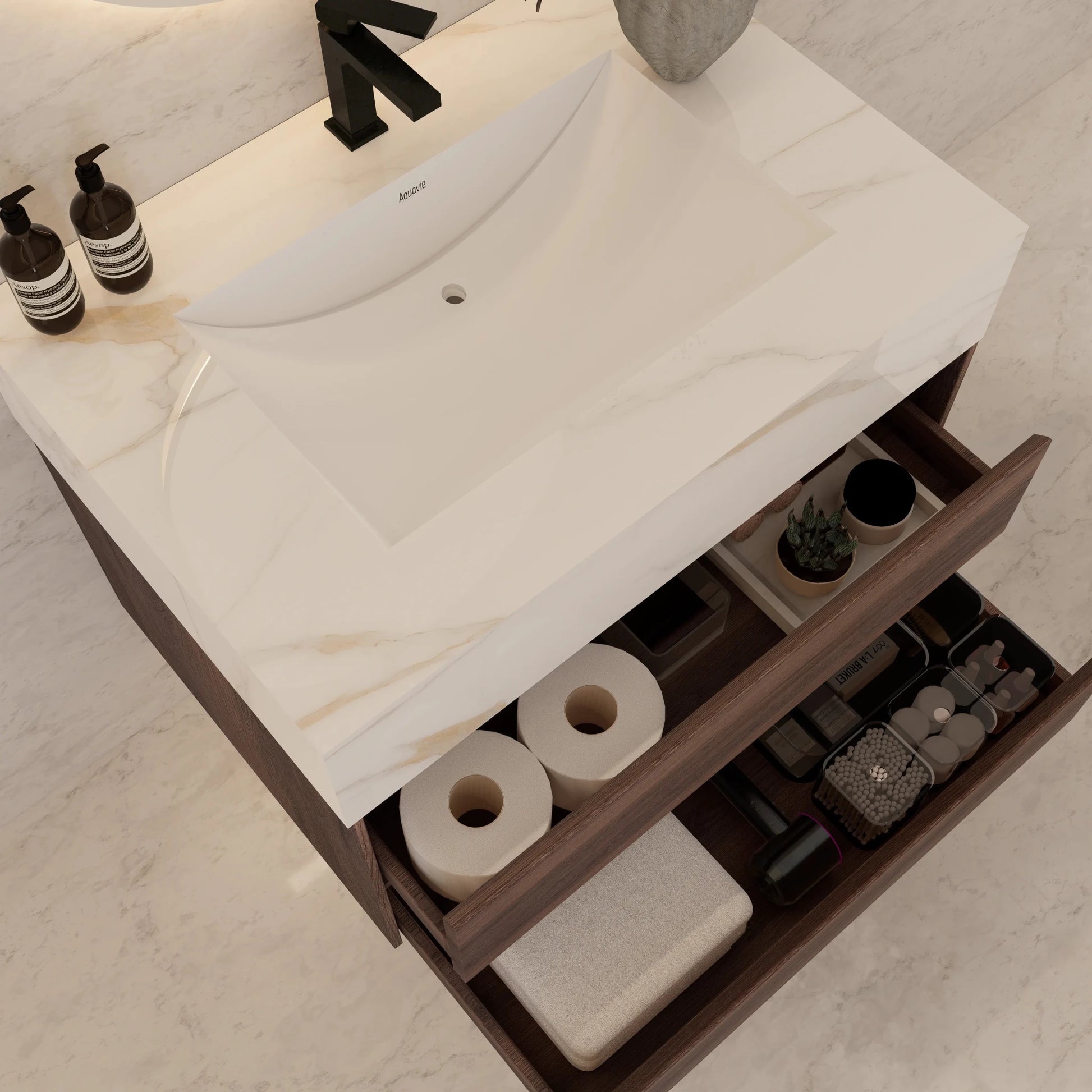 32" Walnut Double Drawer Floating Bathroom Vanity with Sintered Stone Top - VanityCalacatta Gold