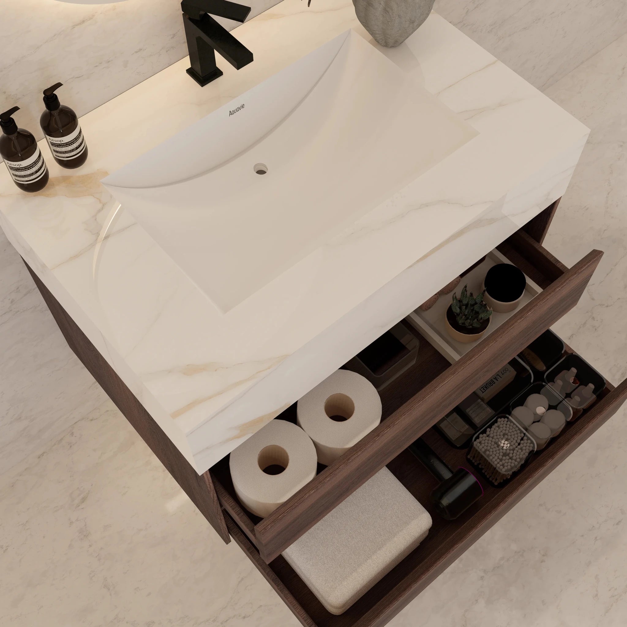 32" Walnut Double Drawer Floating Bathroom Vanity with Sintered Stone Top - VanityCalacatta Gold