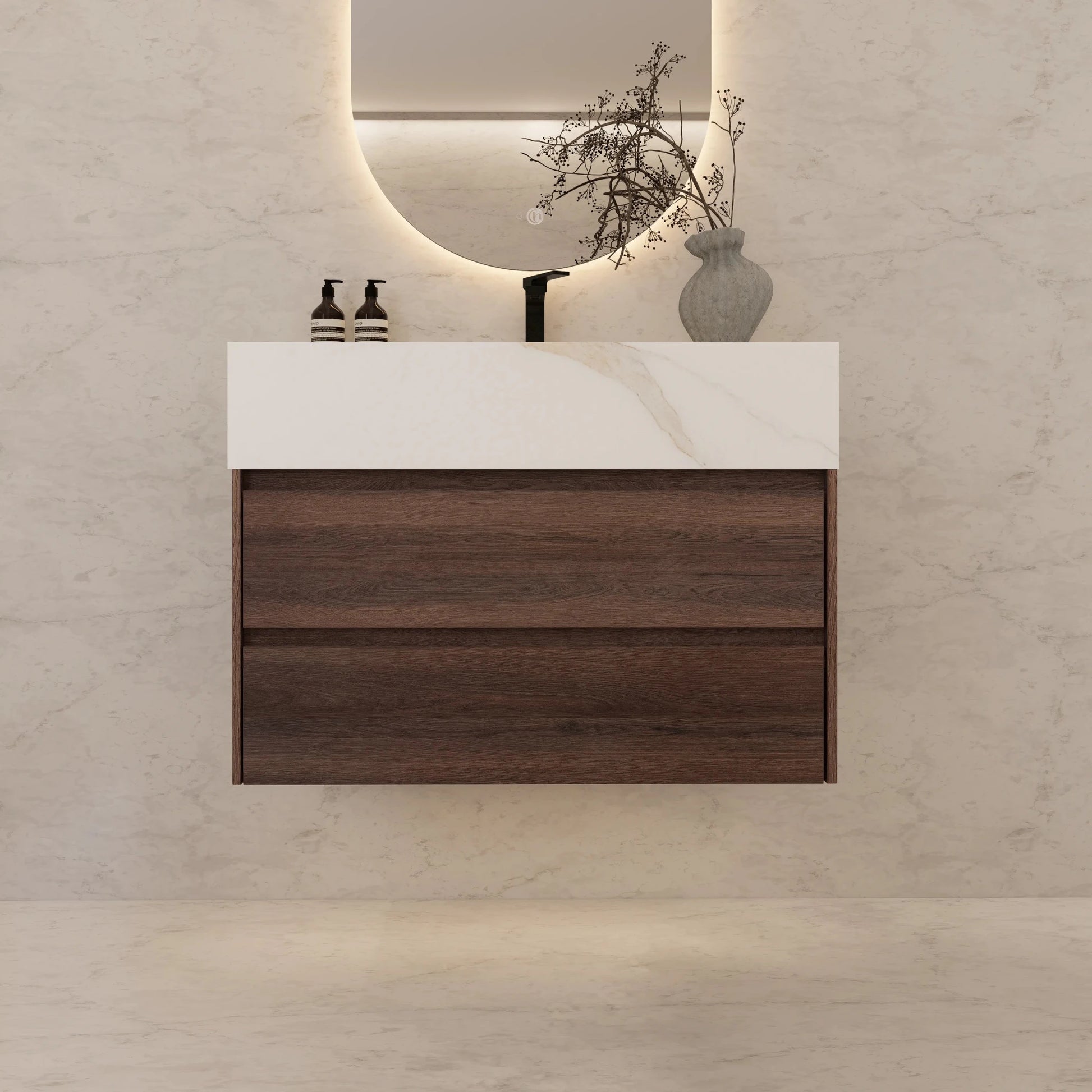32" Walnut Double Drawer Floating Bathroom Vanity with Sintered Stone Top - VanityCalacatta Gold