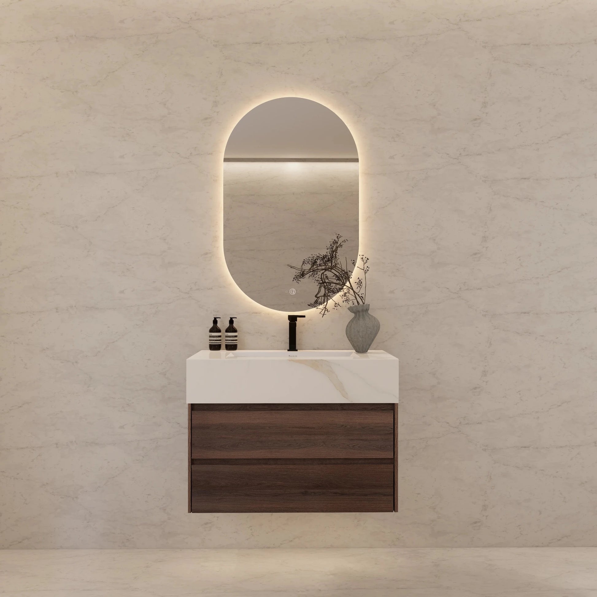 32" Walnut Double Drawer Floating Bathroom Vanity with Sintered Stone Top - VanityCalacatta Gold