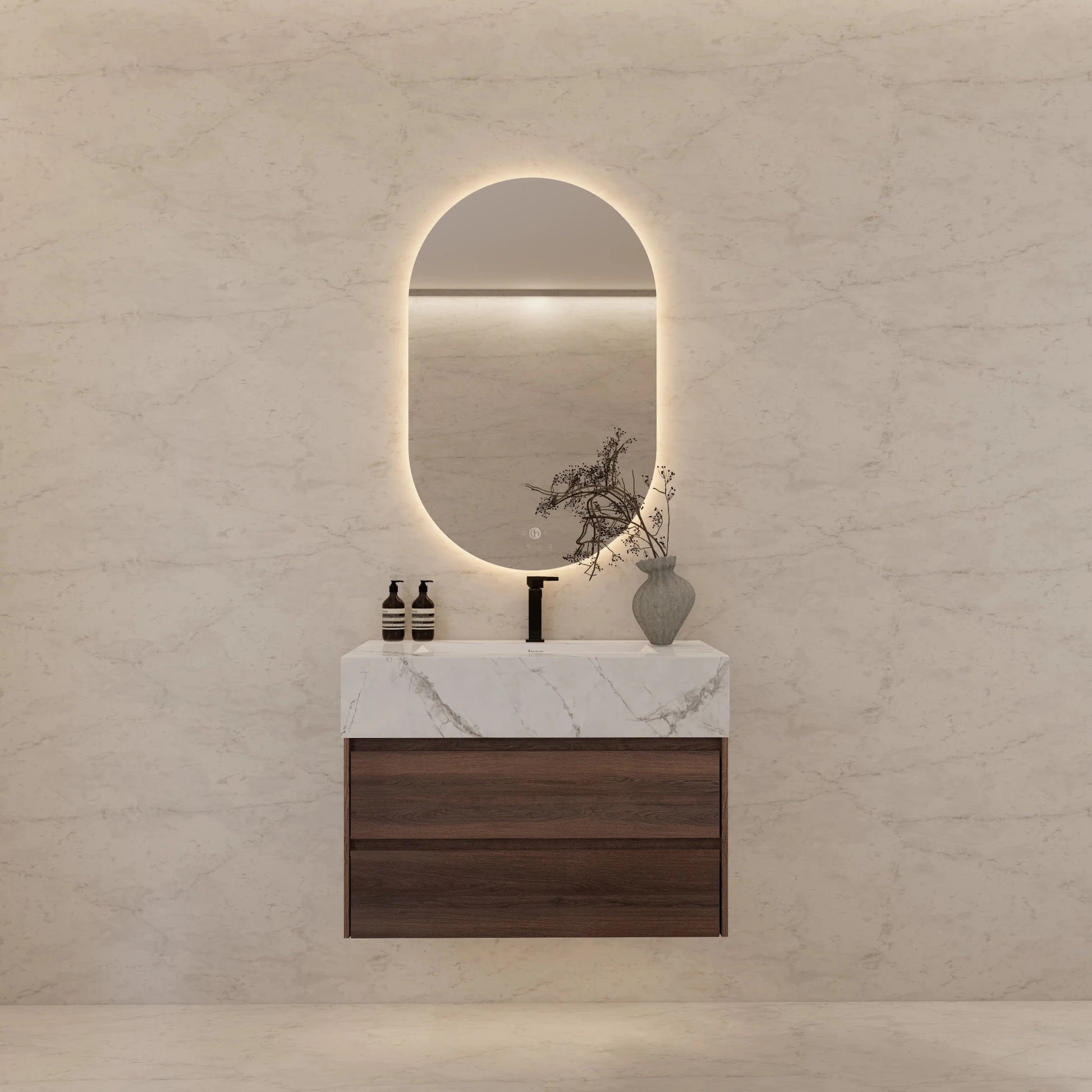 32" Walnut Double Drawer Floating Bathroom Vanity with Sintered Stone Top - VanityIce Grey