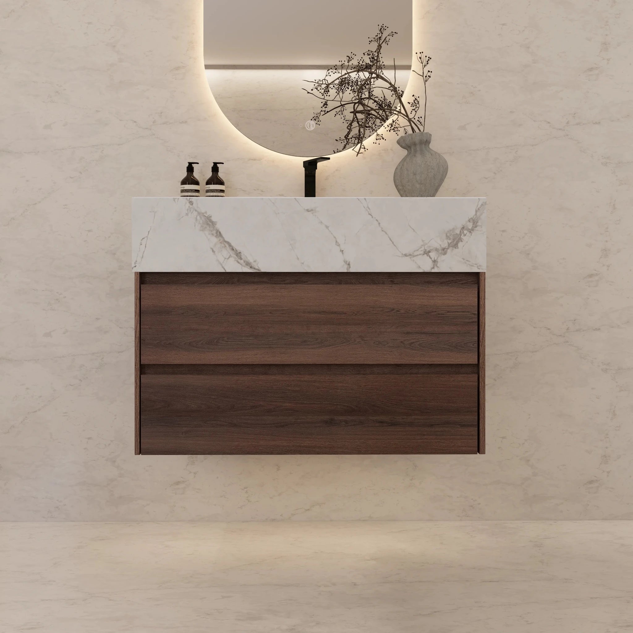 32" Walnut Double Drawer Floating Bathroom Vanity with Sintered Stone Top - VanityIce Grey