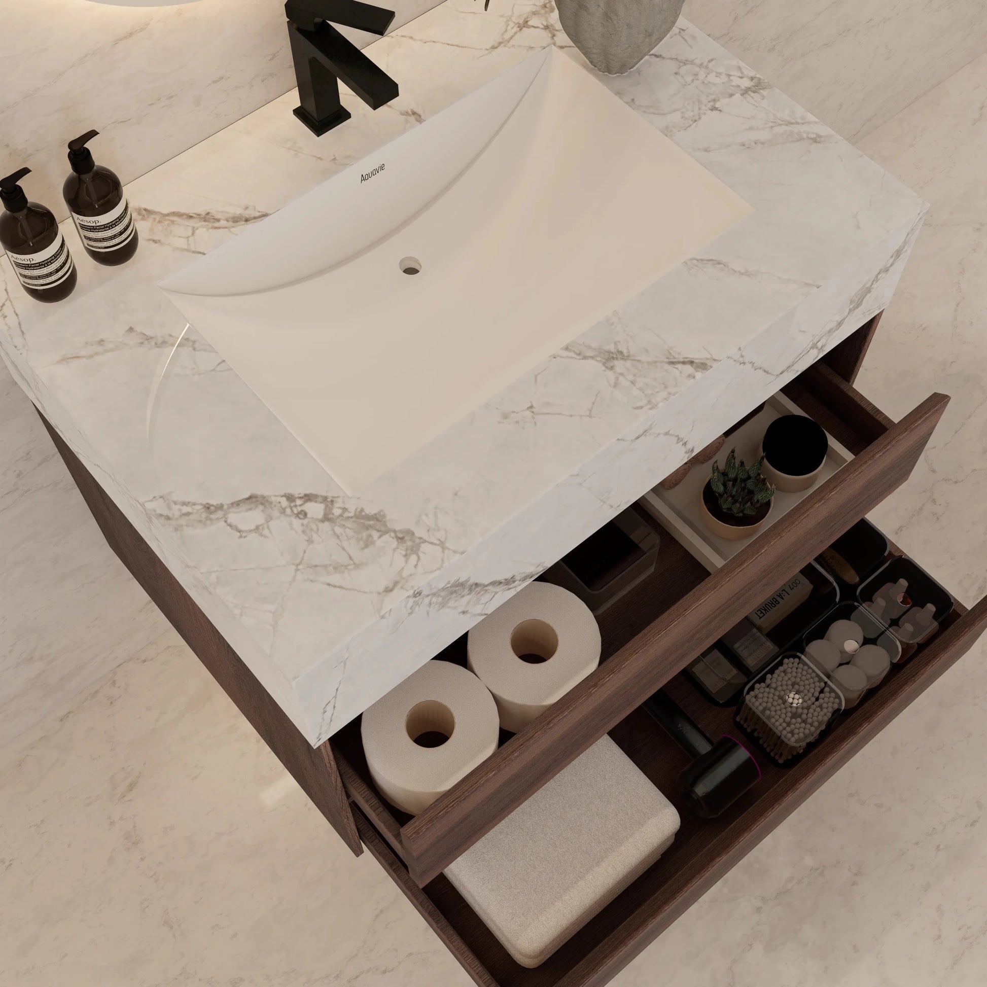 32" Walnut Double Drawer Floating Bathroom Vanity with Sintered Stone Top - VanityIce Grey