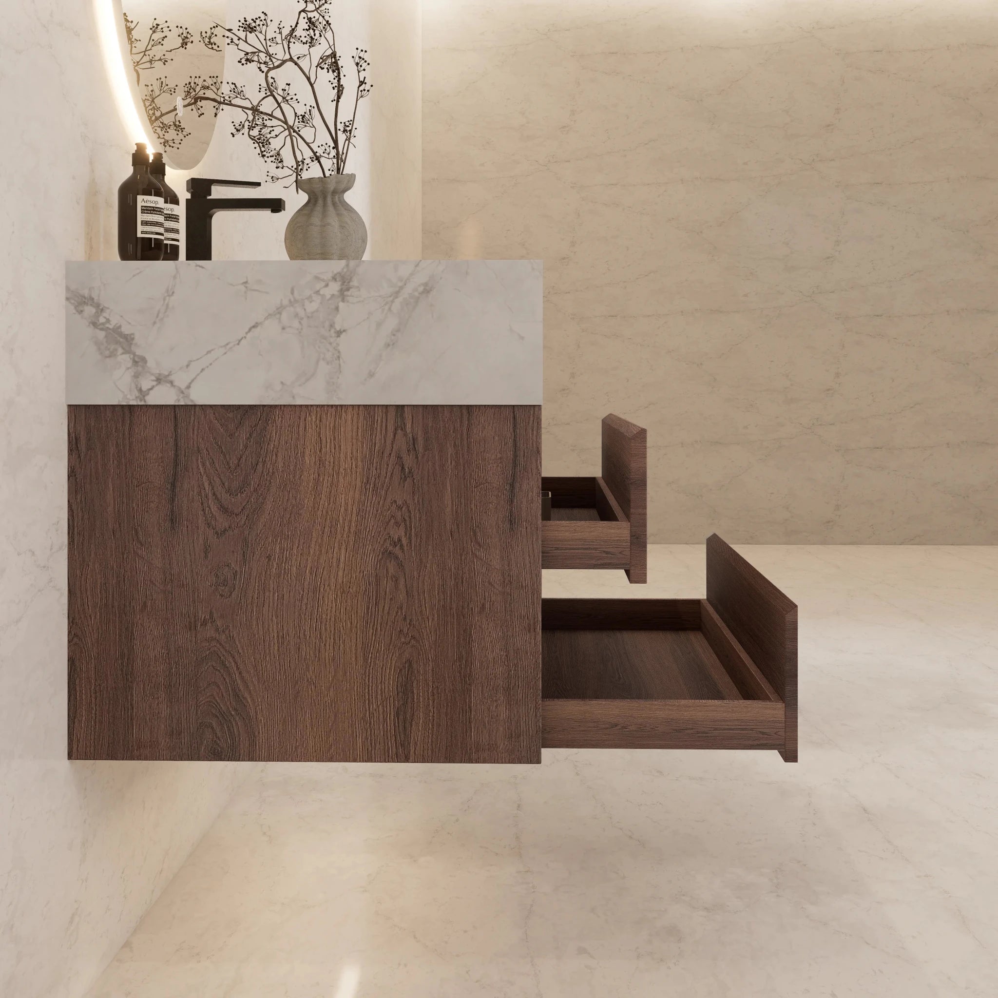 32" Walnut Double Drawer Floating Bathroom Vanity with Sintered Stone Top - VanityIce Grey