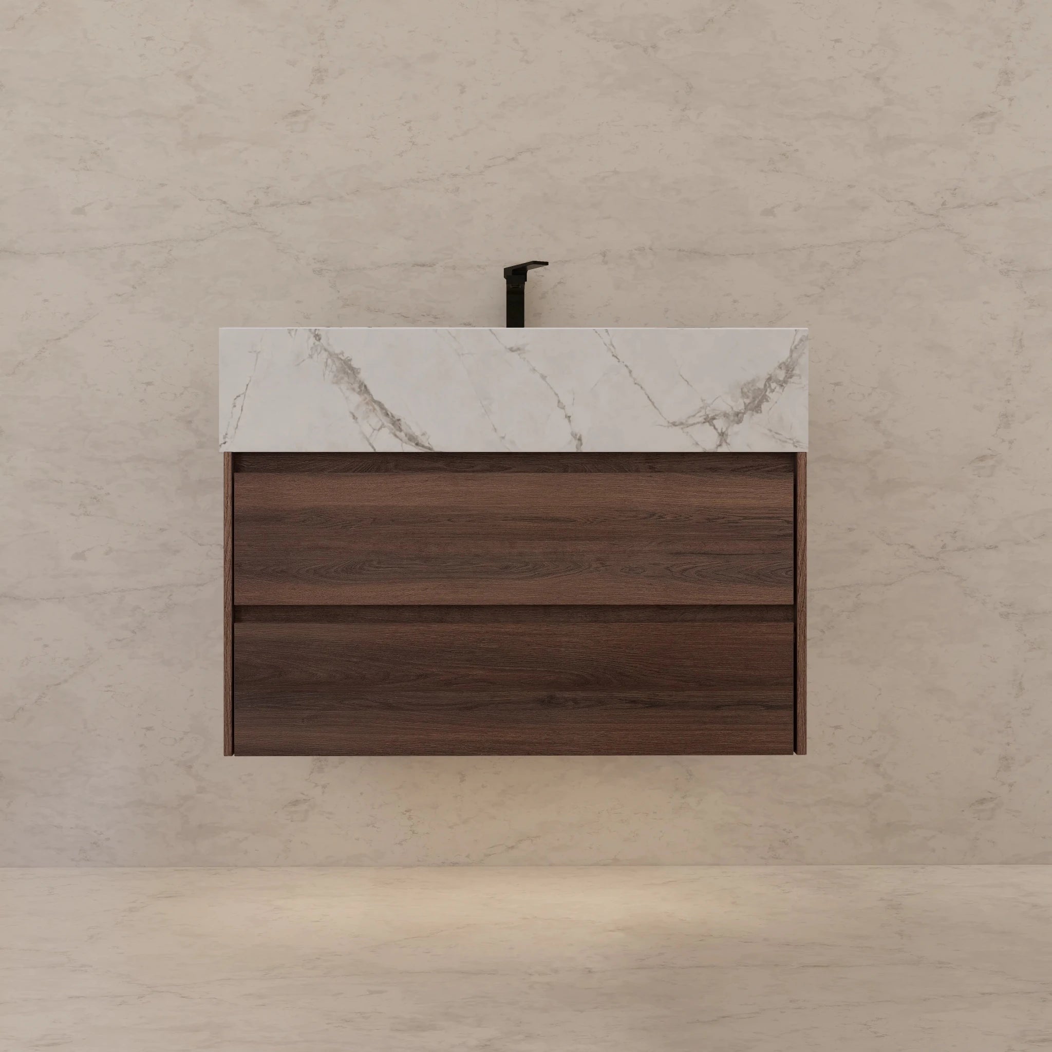 32" Walnut Double Drawer Floating Bathroom Vanity with Sintered Stone Top - VanityIce Grey