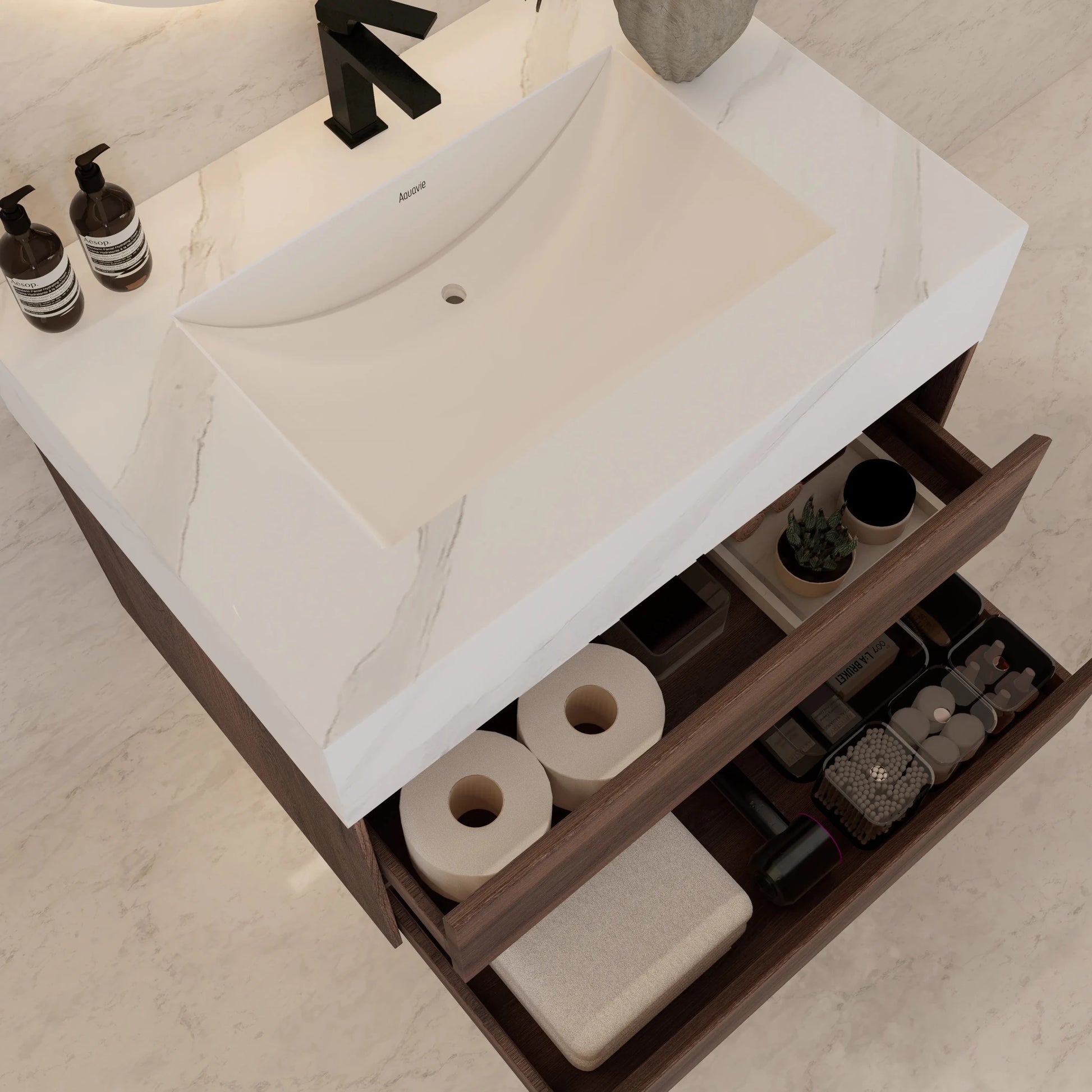 32" Walnut Double Drawer Floating Bathroom Vanity with Sintered Stone Top - VanityWhite Carrara