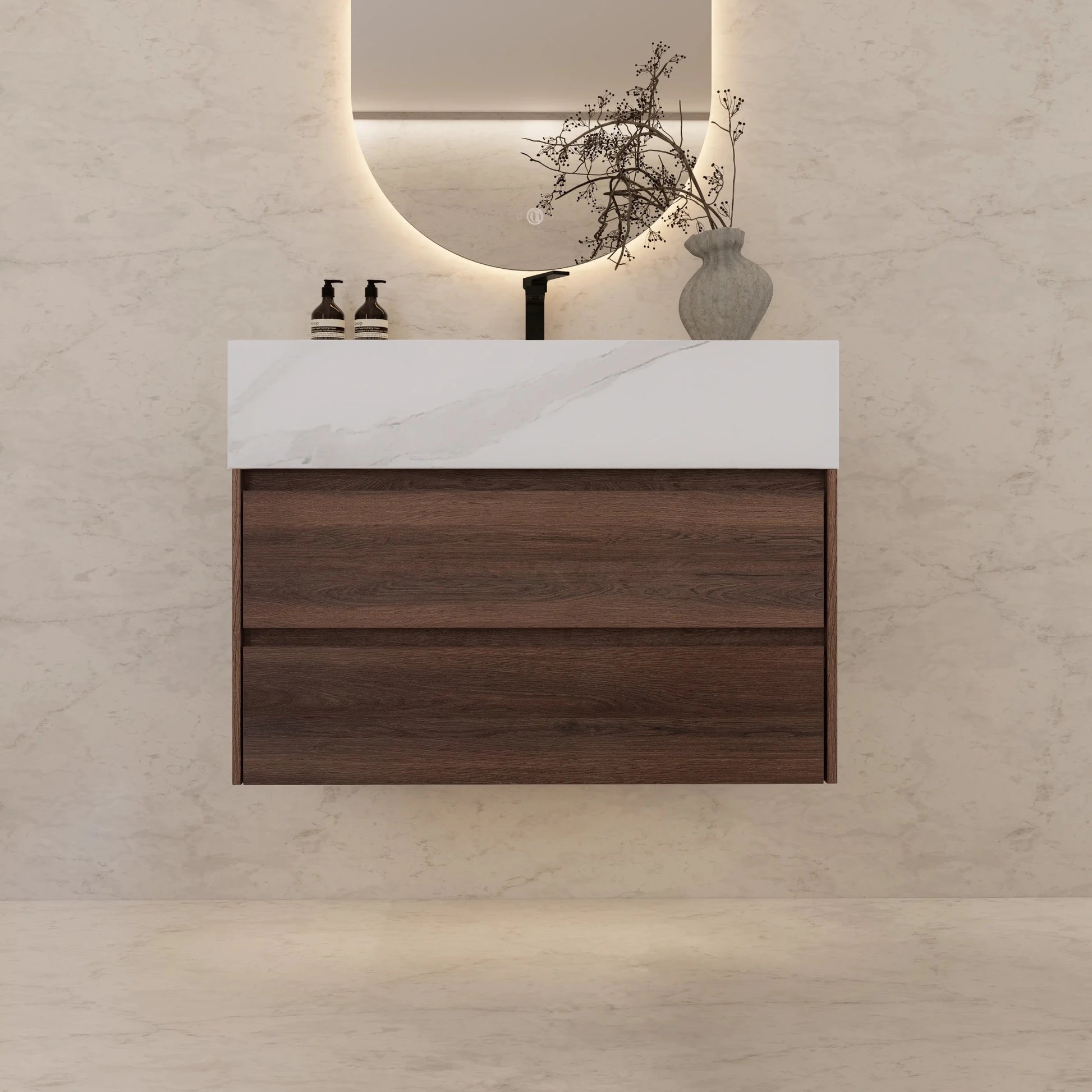 32" Walnut Double Drawer Floating Bathroom Vanity with Sintered Stone Top - VanityWhite Carrara