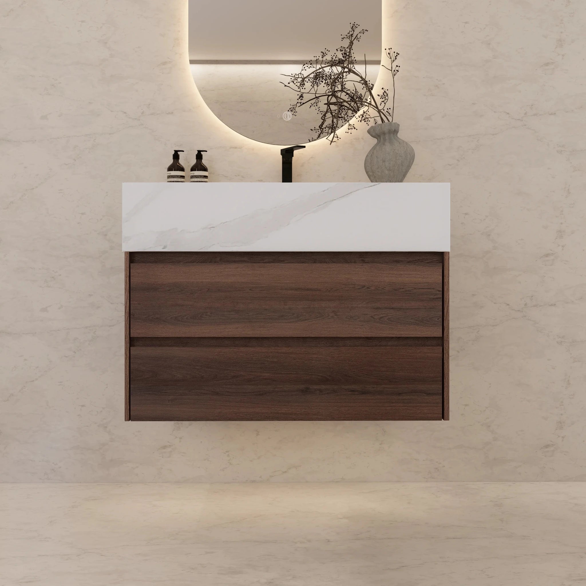 32" Walnut Double Drawer Floating Bathroom Vanity with Sintered Stone Top - VanityWhite Carrara