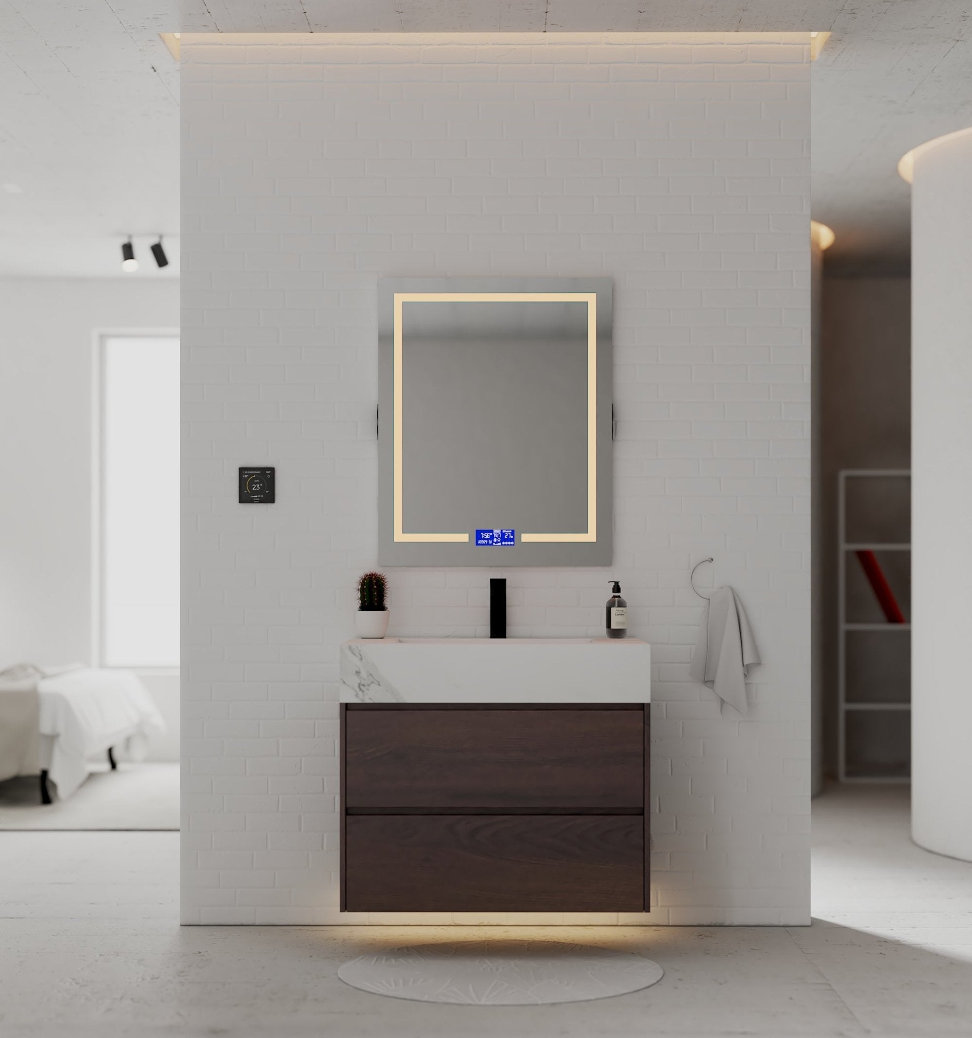 32" Walnut Double Drawer Floating Bathroom Vanity with Sintered Stone Top - VanityWhite Carrara