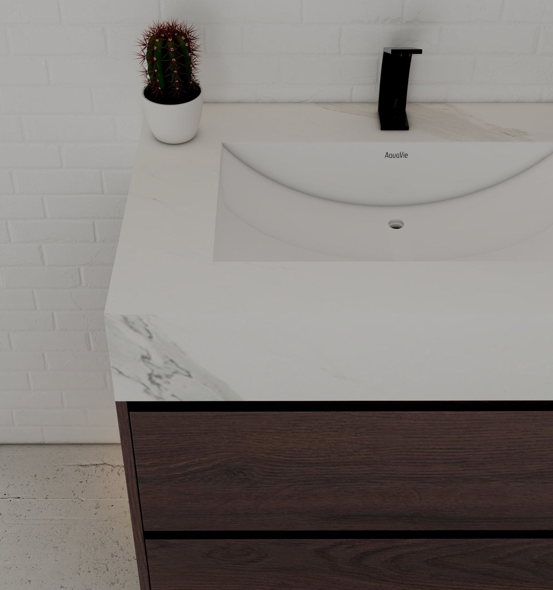32" Walnut Double Drawer Floating Bathroom Vanity with Sintered Stone Top - VanityWhite Carrara
