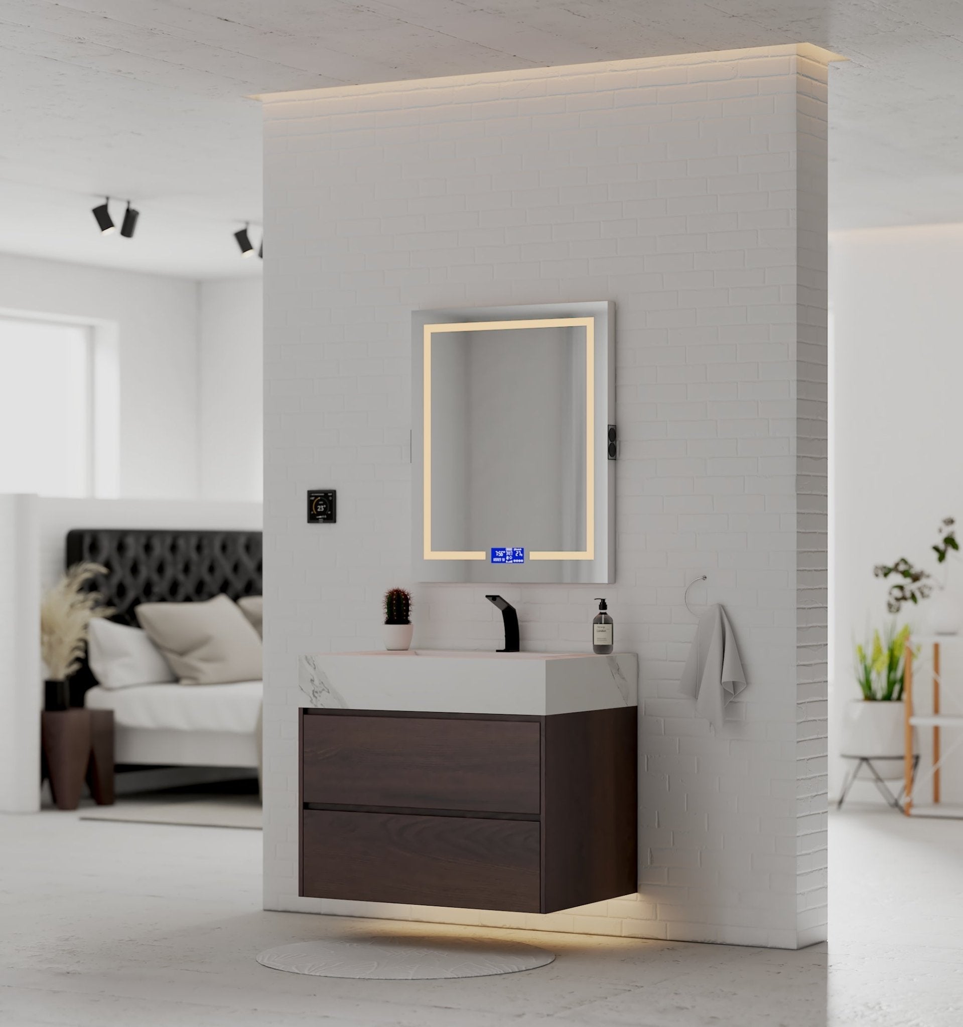 32" Walnut Double Drawer Floating Bathroom Vanity with Sintered Stone Top - VanityWhite Carrara