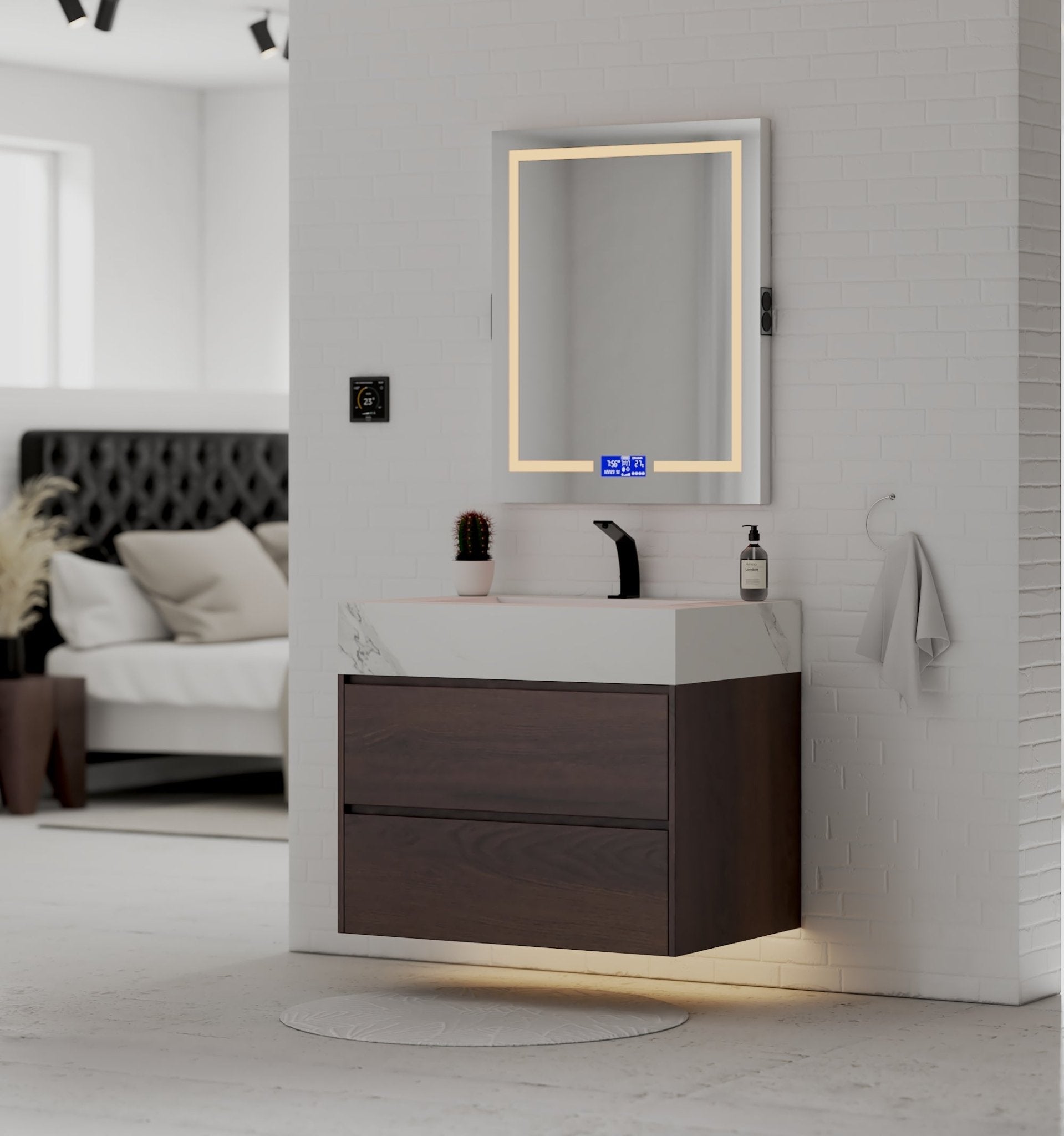 32" Walnut Double Drawer Floating Bathroom Vanity with Sintered Stone Top - VanityWhite Carrara