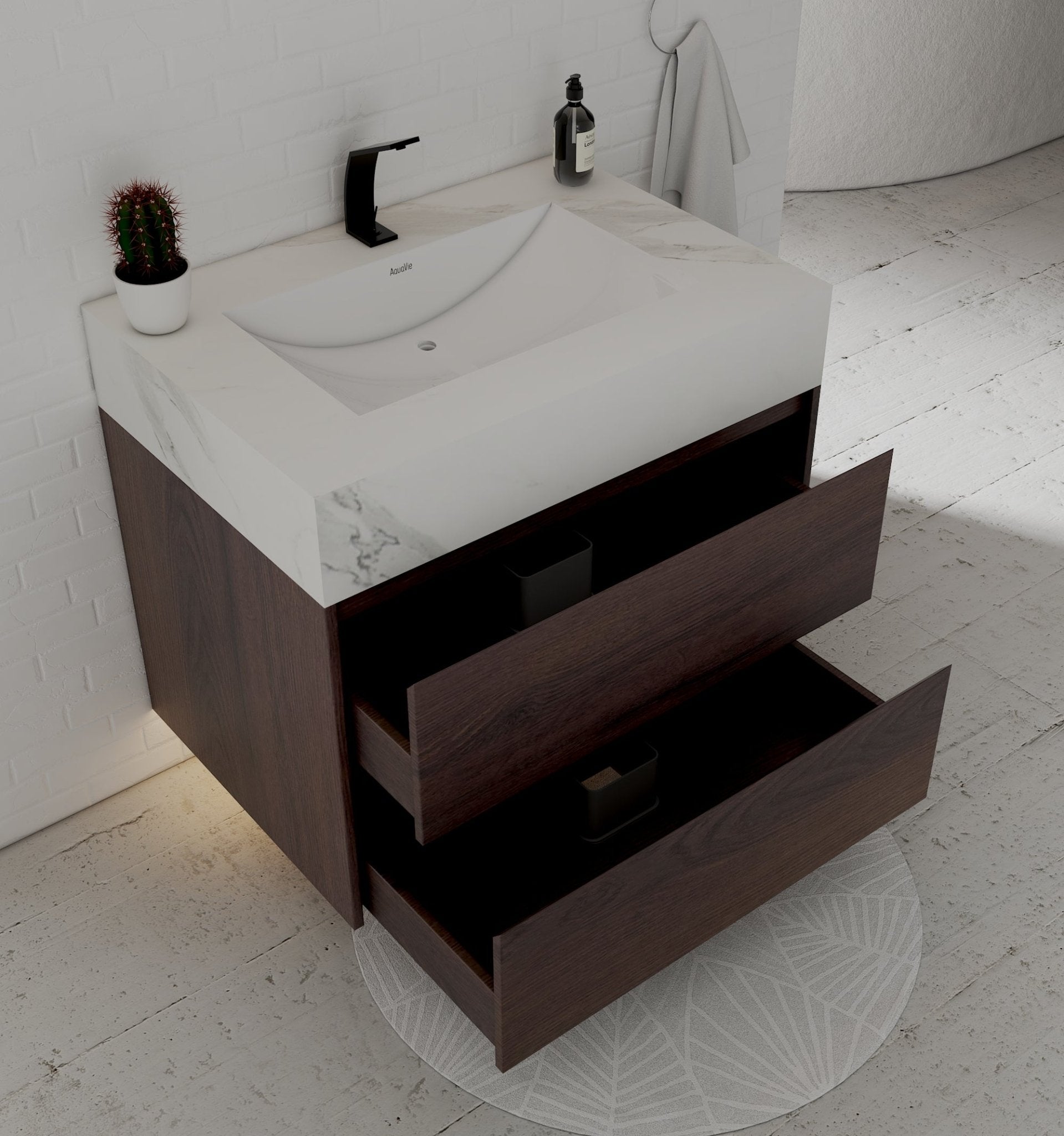 32" Walnut Double Drawer Floating Bathroom Vanity with Sintered Stone Top - VanityWhite Carrara