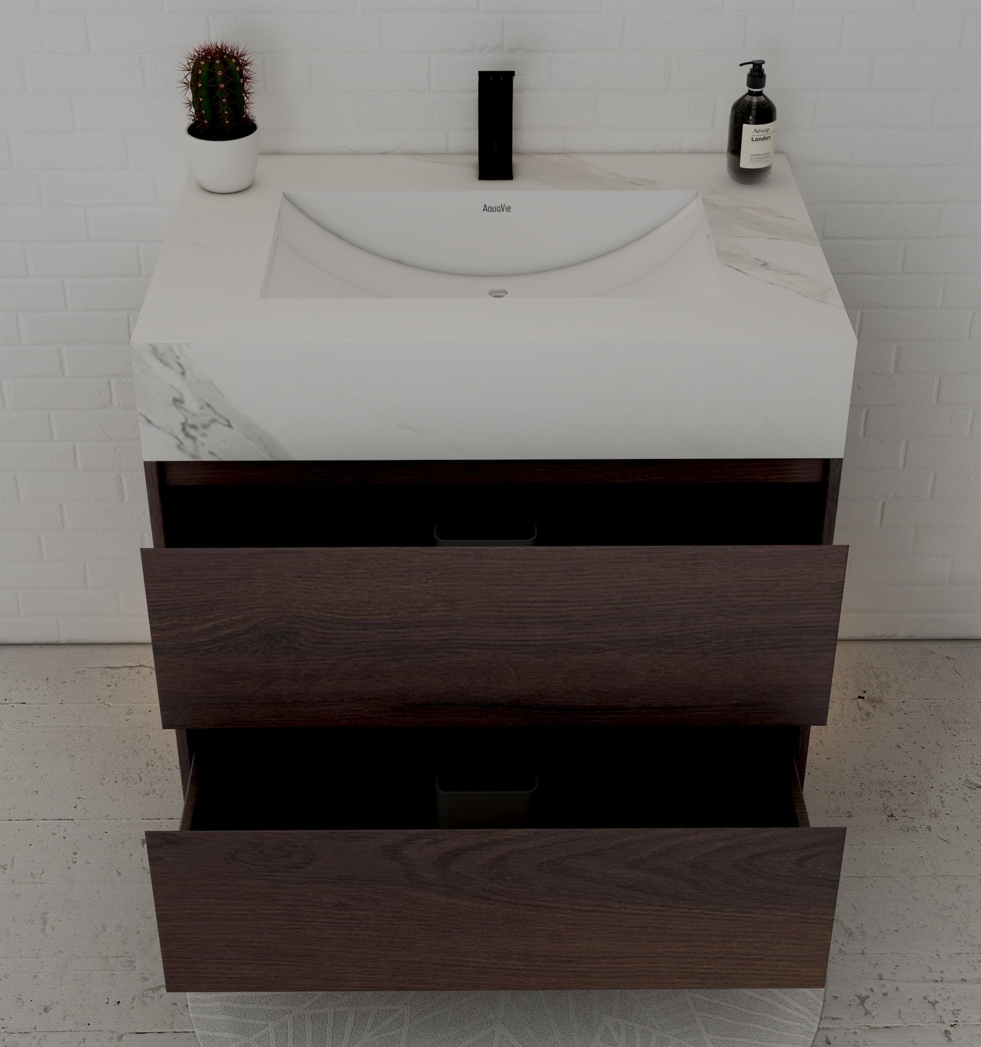 32" Walnut Double Drawer Floating Bathroom Vanity with Sintered Stone Top - VanityWhite Carrara