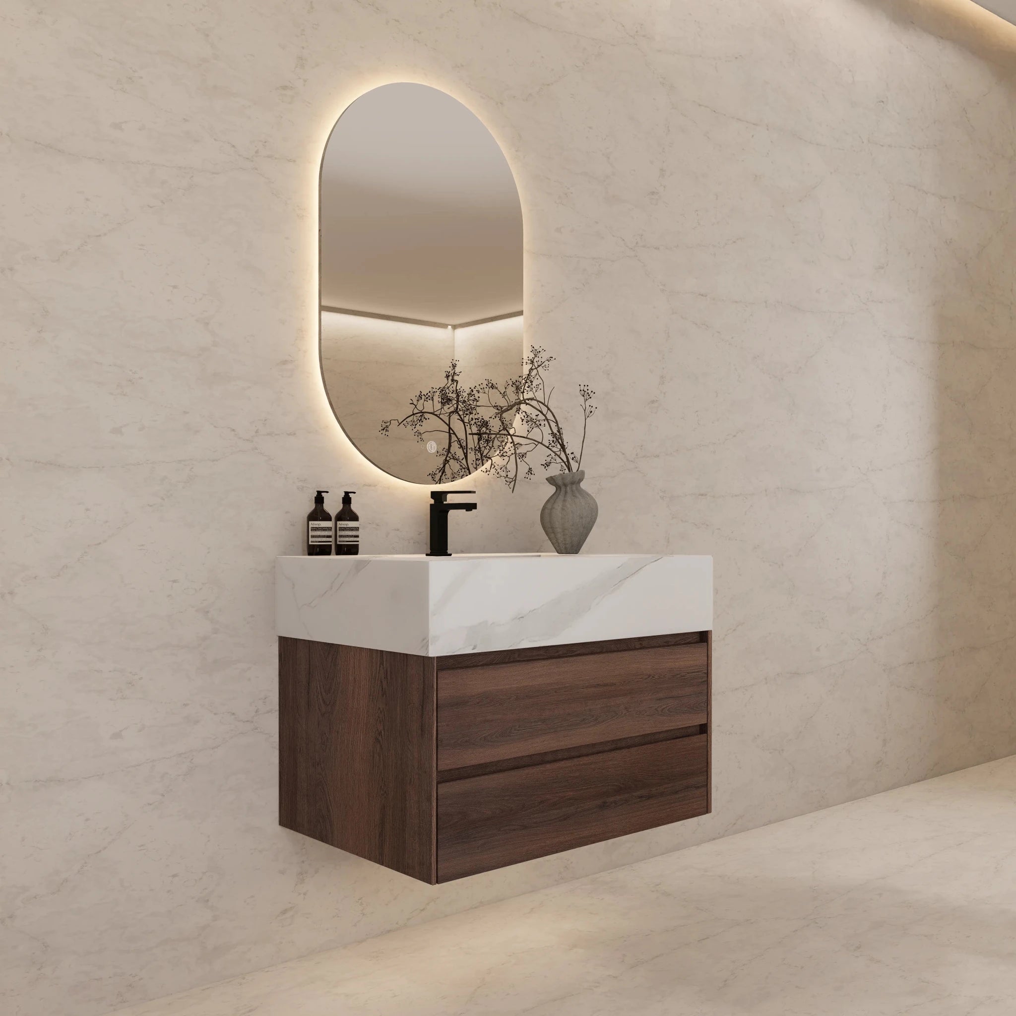 32" Walnut Double Drawer Floating Bathroom Vanity with Sintered Stone Top - VanityWhite Carrara