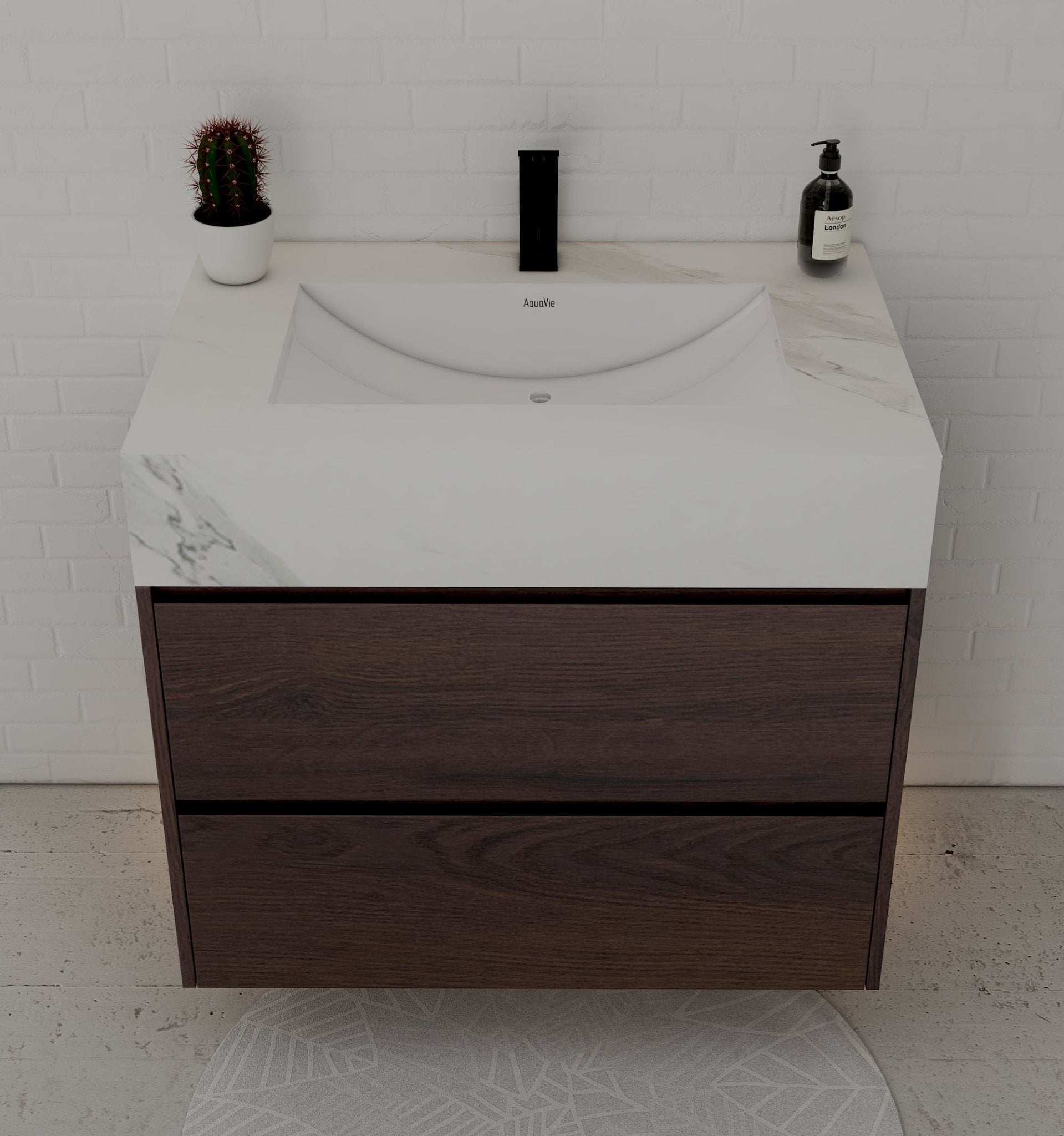 32" Walnut Double Drawer Floating Bathroom Vanity with Sintered Stone Top - VanityWhite Carrara