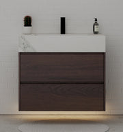 32" Walnut Double Drawer Floating Bathroom Vanity with Sintered Stone Top - VanityWhite Carrara