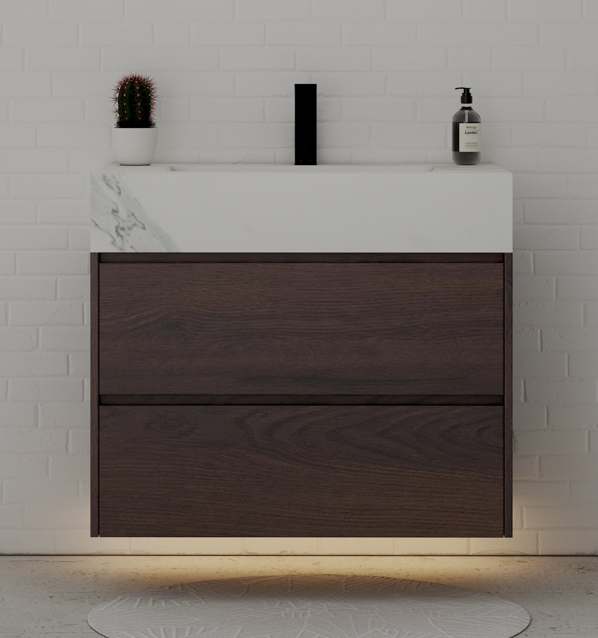 32" Walnut Double Drawer Floating Bathroom Vanity with Sintered Stone Top - VanityWhite Carrara
