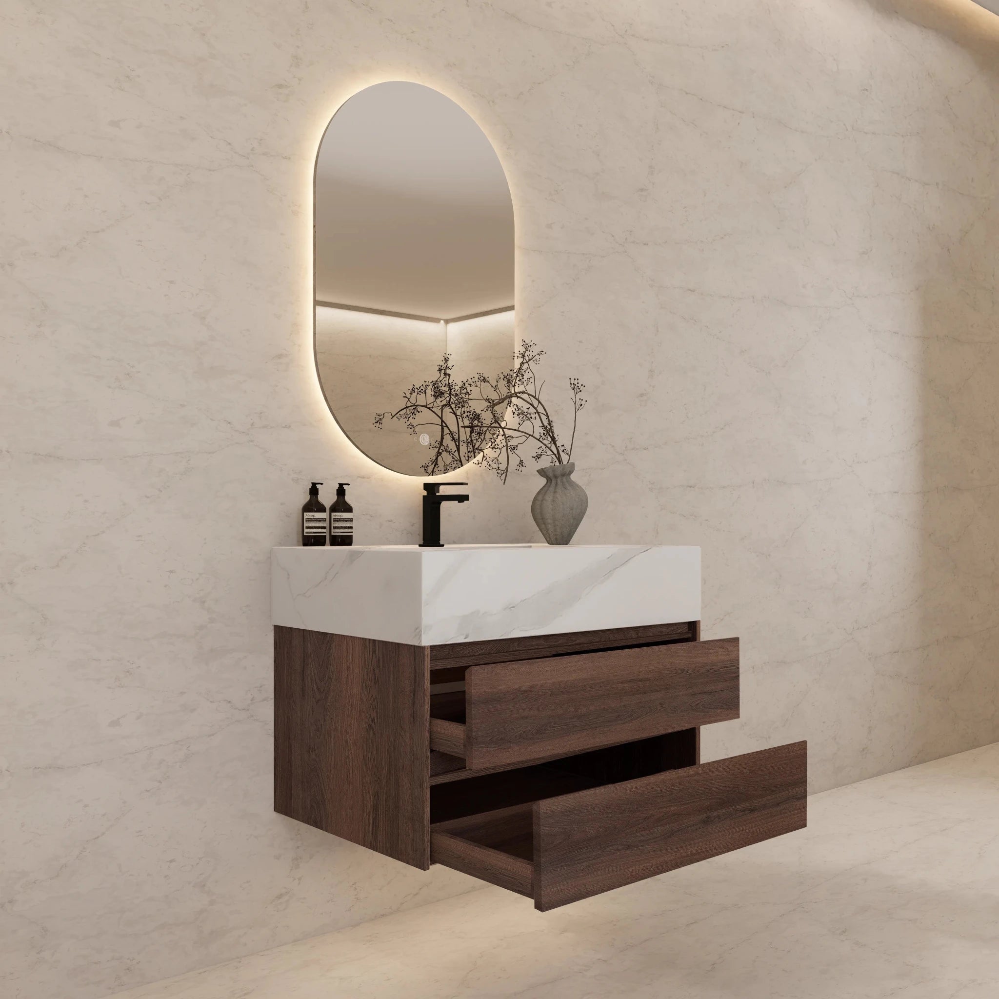 32" Walnut Double Drawer Floating Bathroom Vanity with Sintered Stone Top - VanityWhite Carrara